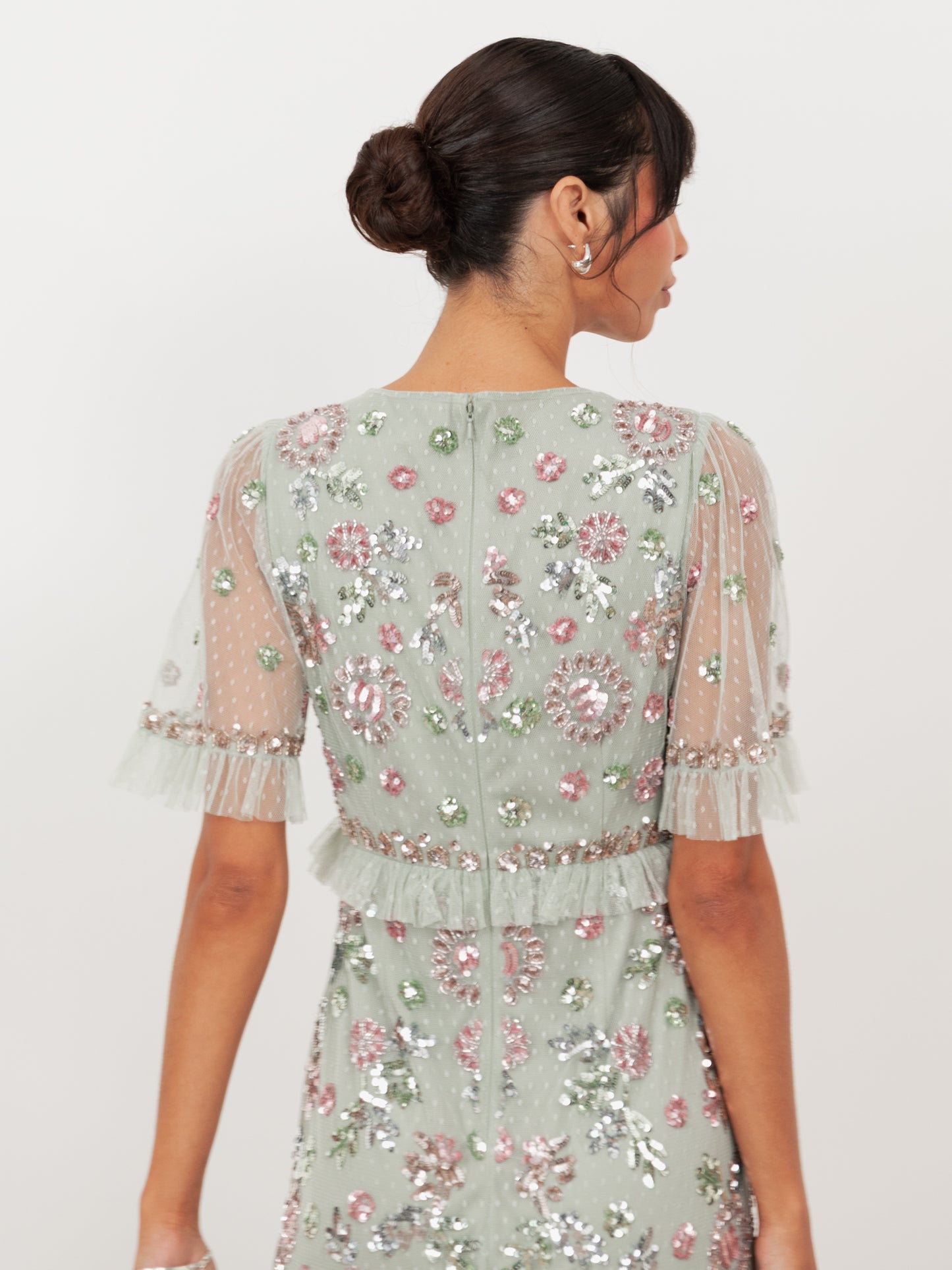 Maya Sage Green Embellished Short Sleeve Spot Mesh Maxi Dress