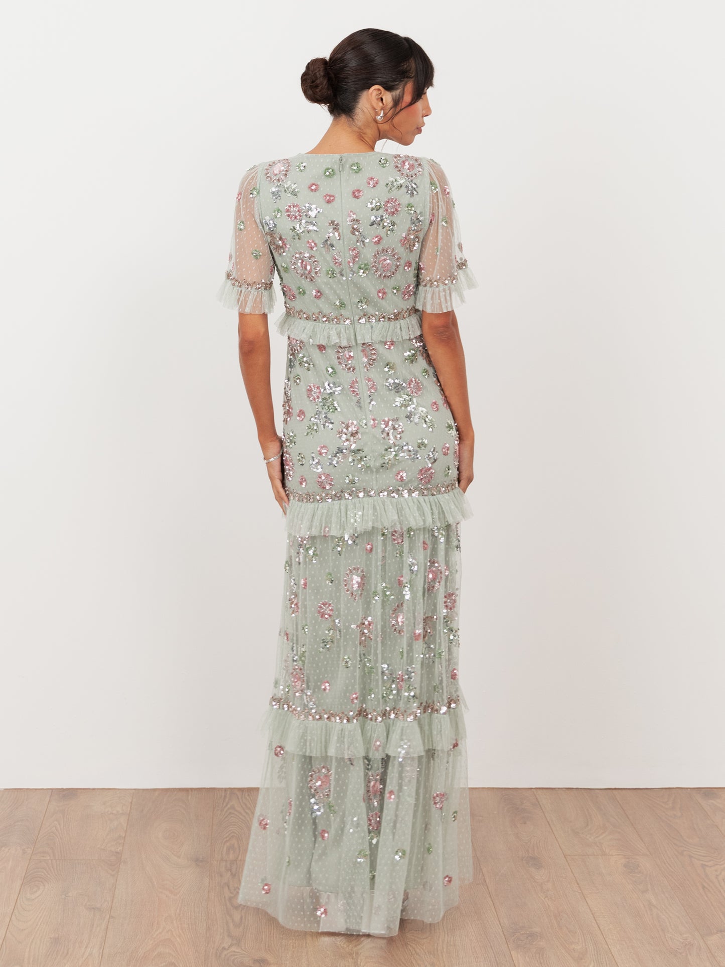 Maya Sage Green Embellished Short Sleeve Spot Mesh Maxi Dress