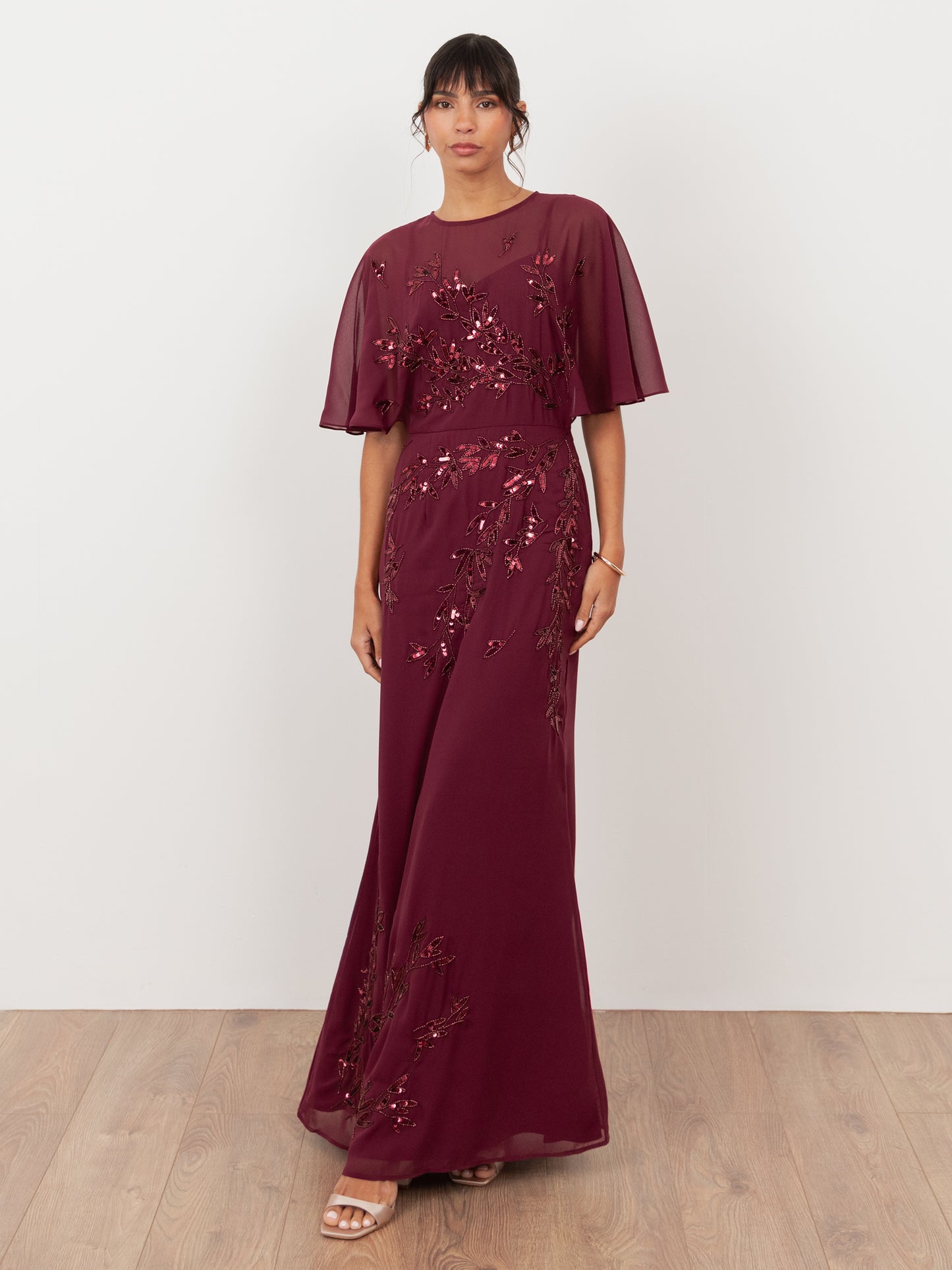 Maya Cranberry Floral Embellished Angel Sleeve Maxi Dress