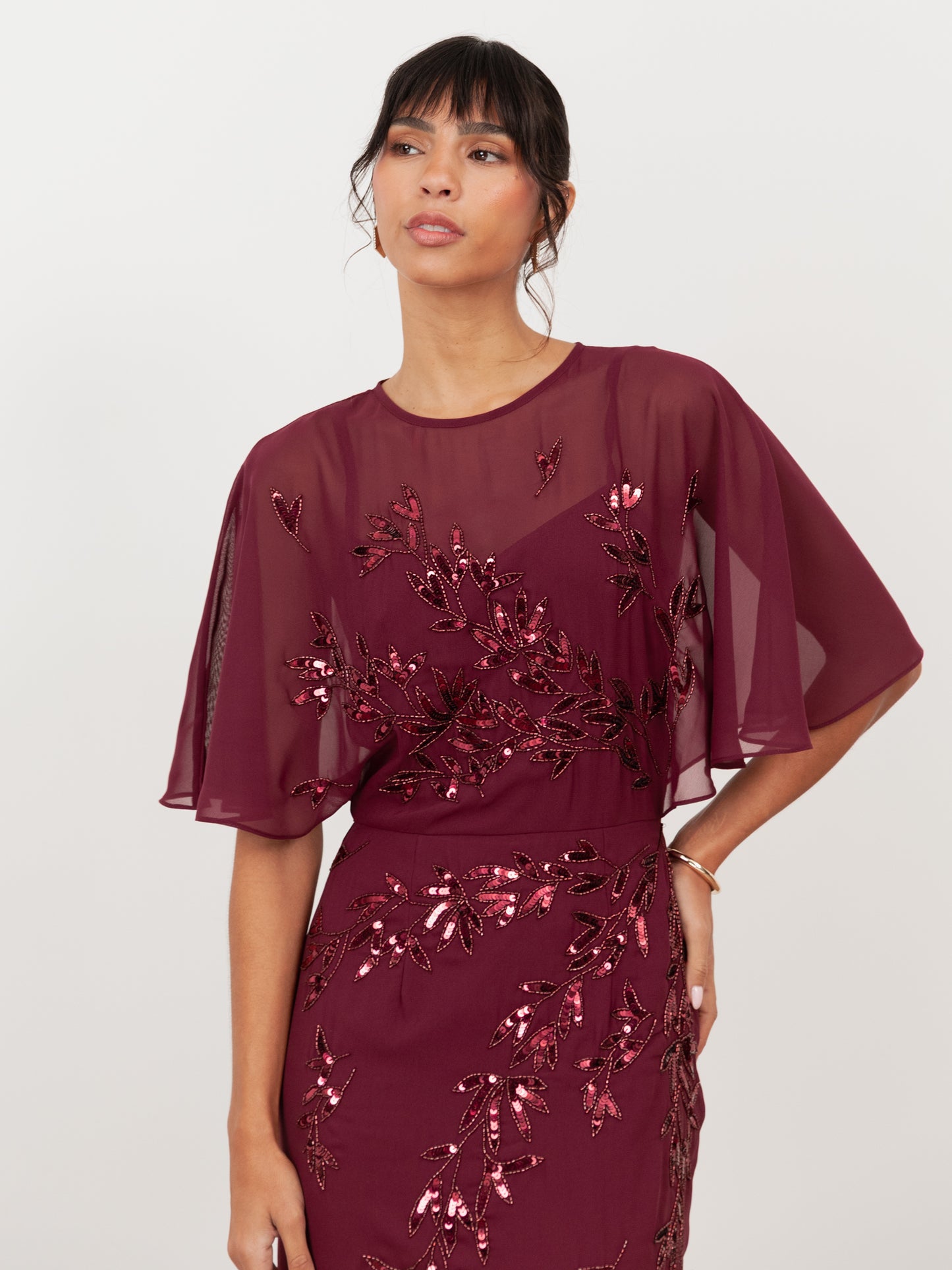 Maya Cranberry Floral Embellished Angel Sleeve Maxi Dress