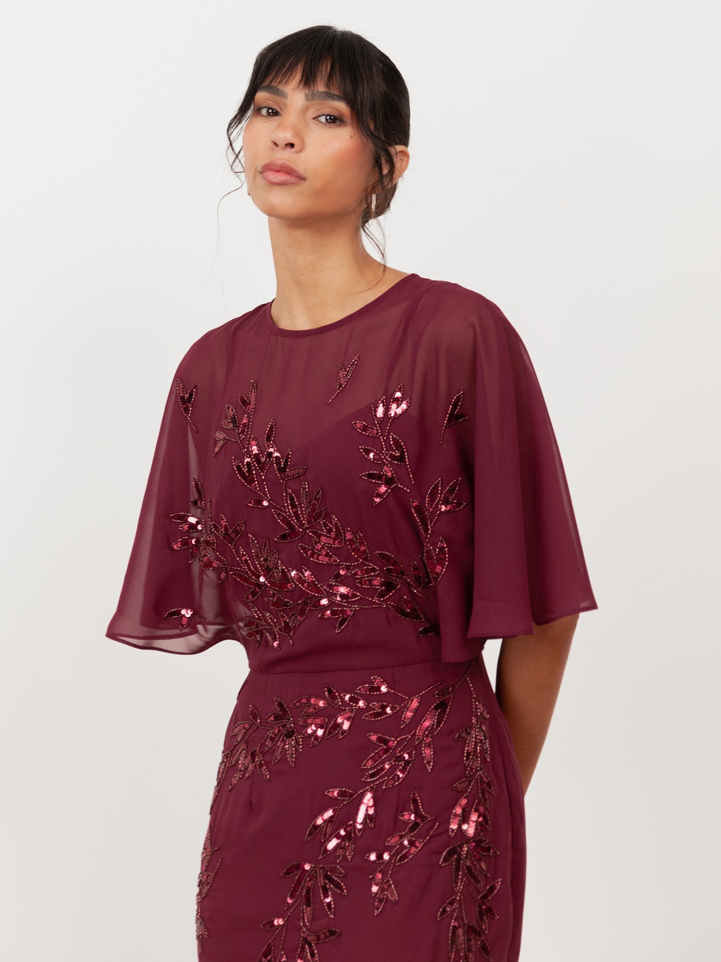 Maya Cranberry Floral Embellished Angel Sleeve Maxi Dress