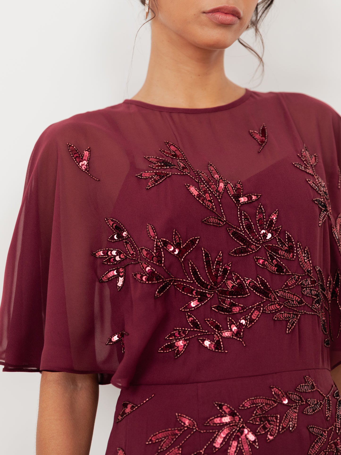 Maya Cranberry Floral Embellished Angel Sleeve Maxi Dress