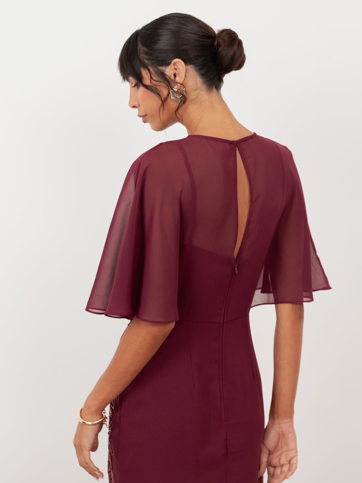 Maya Cranberry Floral Embellished Angel Sleeve Maxi Dress