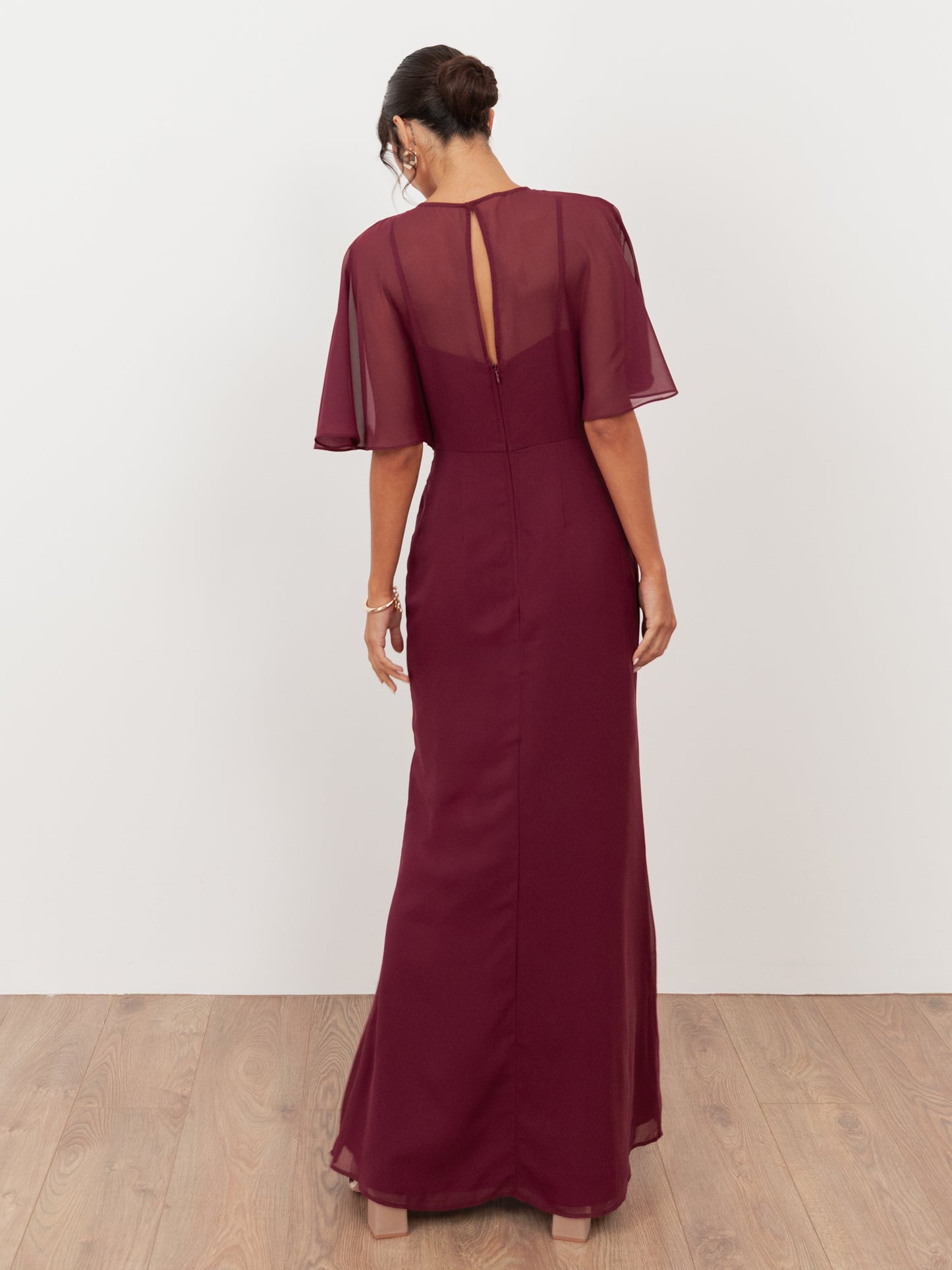 Maya Cranberry Floral Embellished Angel Sleeve Maxi Dress