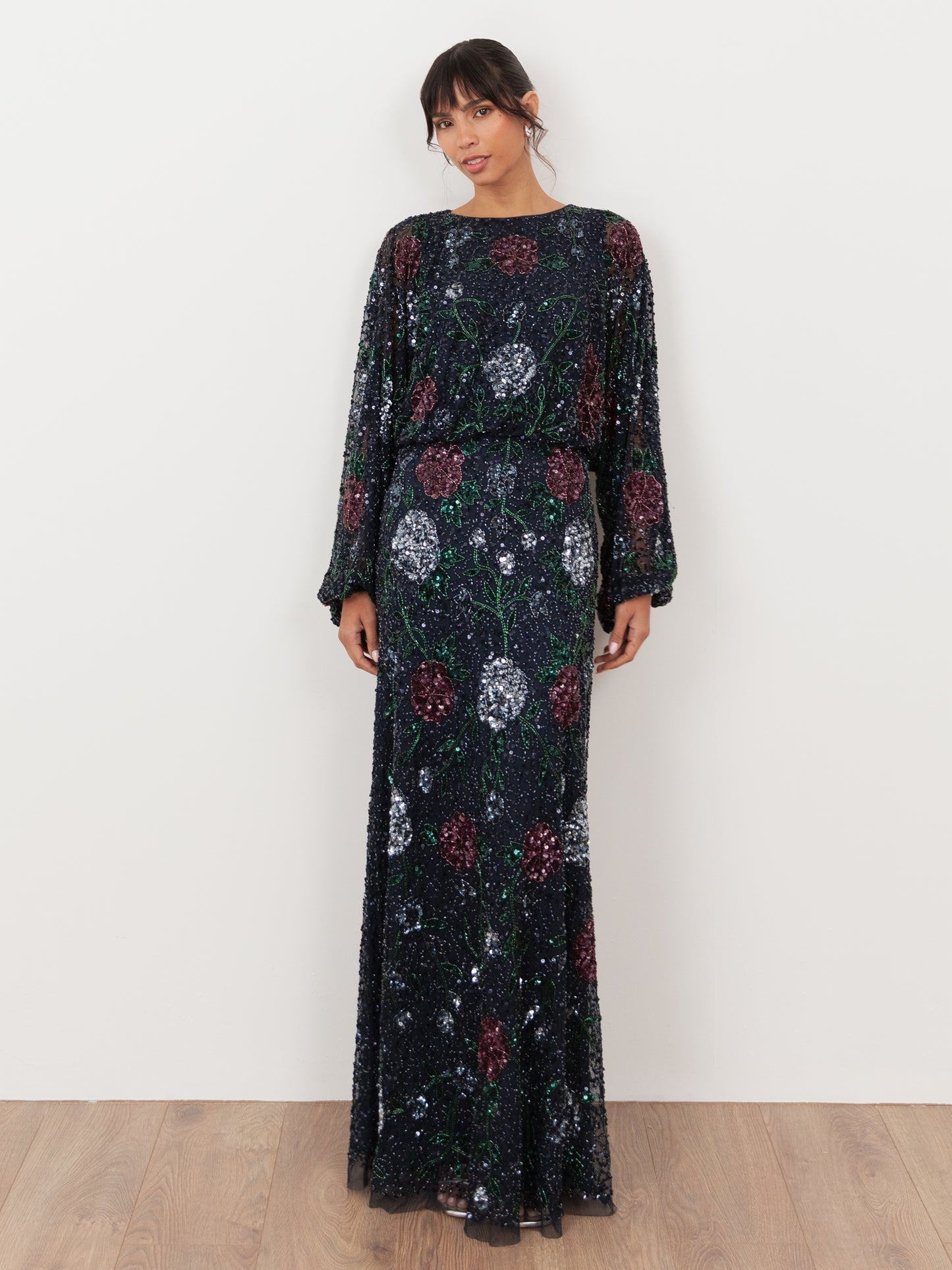 Maya Navy Fully Embellished Round Neck Long Blouson Sleeve Maxi Dress