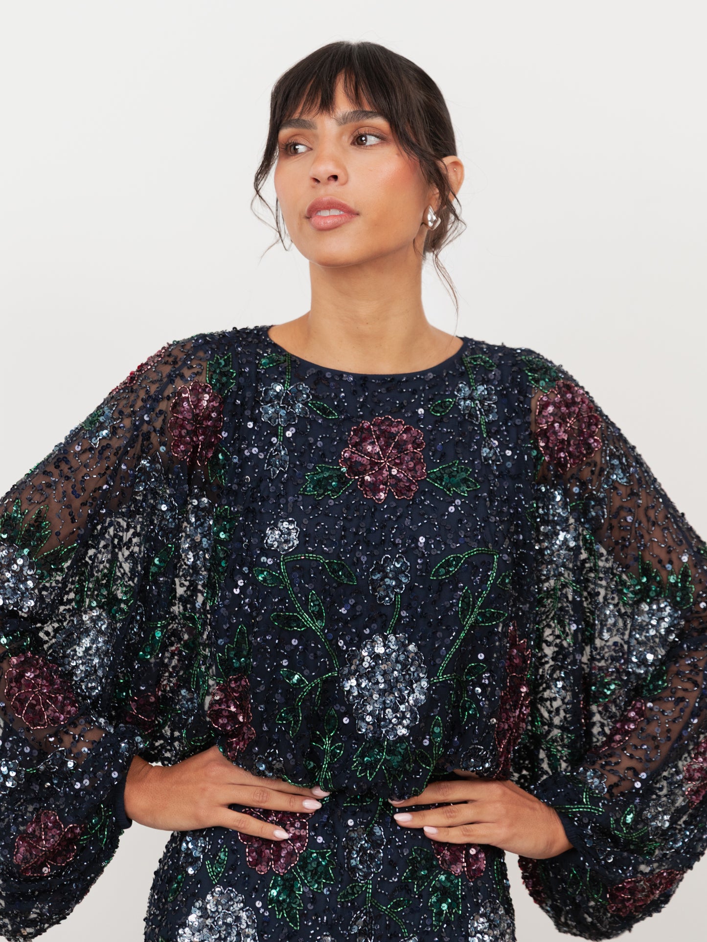 Maya Navy Fully Embellished Round Neck Long Blouson Sleeve Maxi Dress