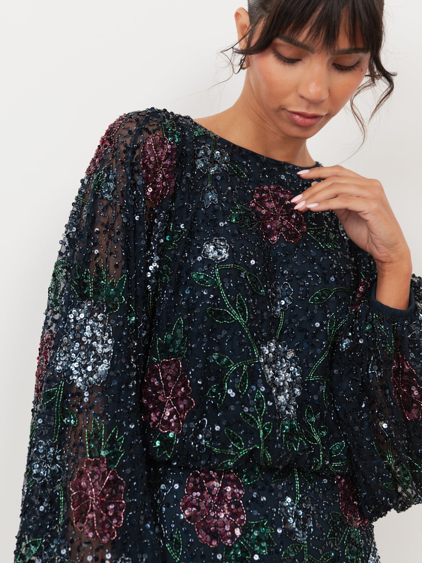 Maya Navy Fully Embellished Round Neck Long Blouson Sleeve Maxi Dress