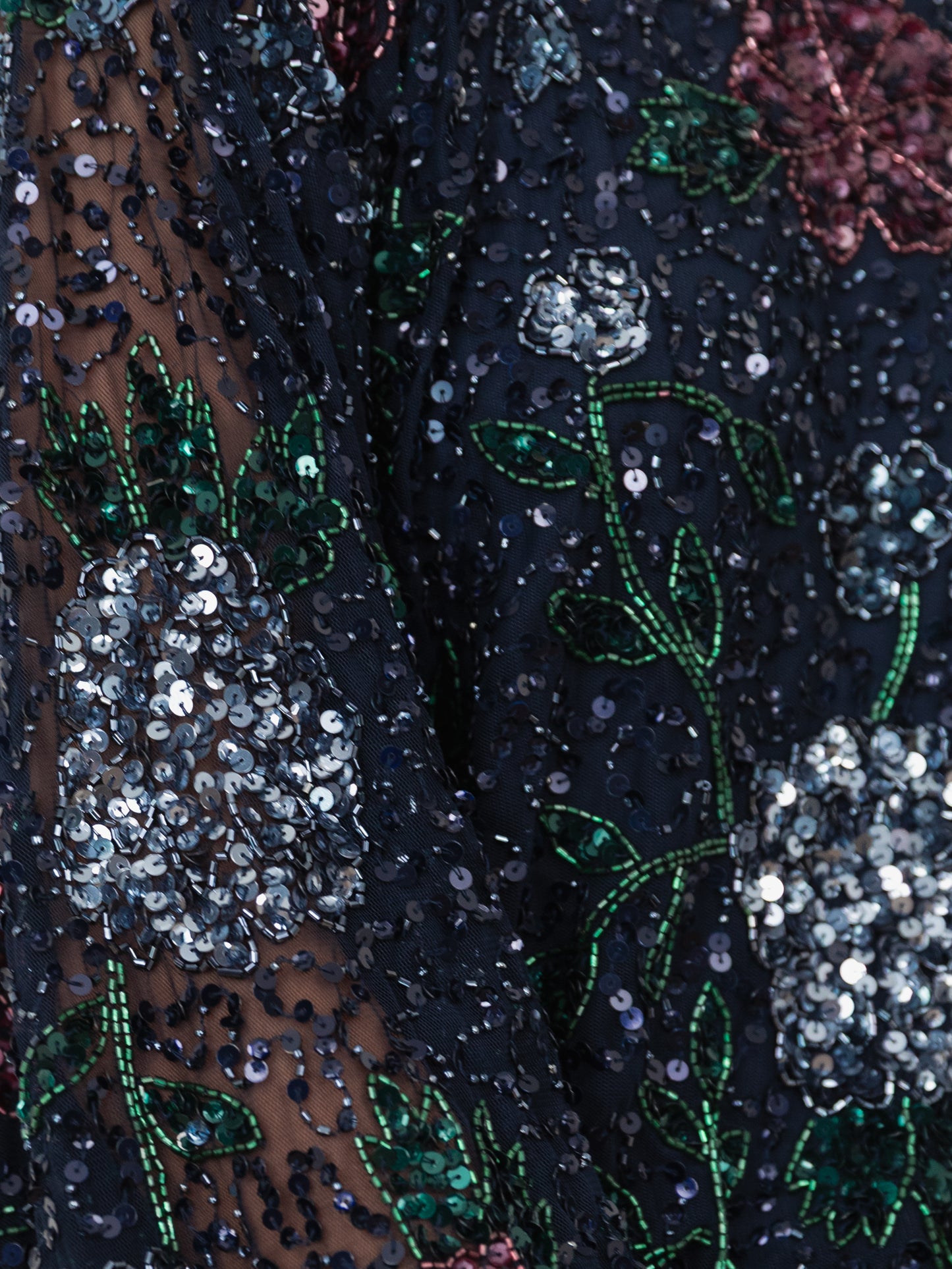 Maya Navy Fully Embellished Round Neck Long Blouson Sleeve Maxi Dress