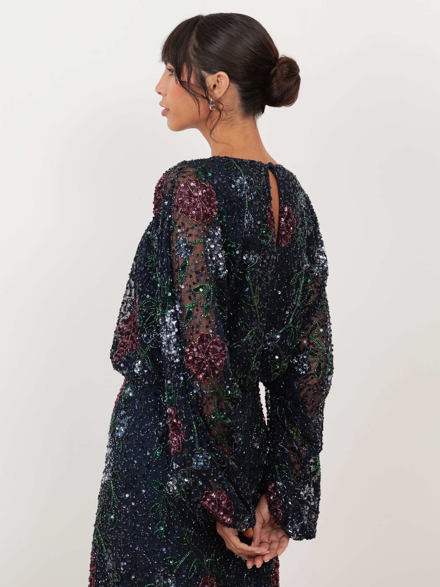 Maya Navy Fully Embellished Round Neck Long Blouson Sleeve Maxi Dress