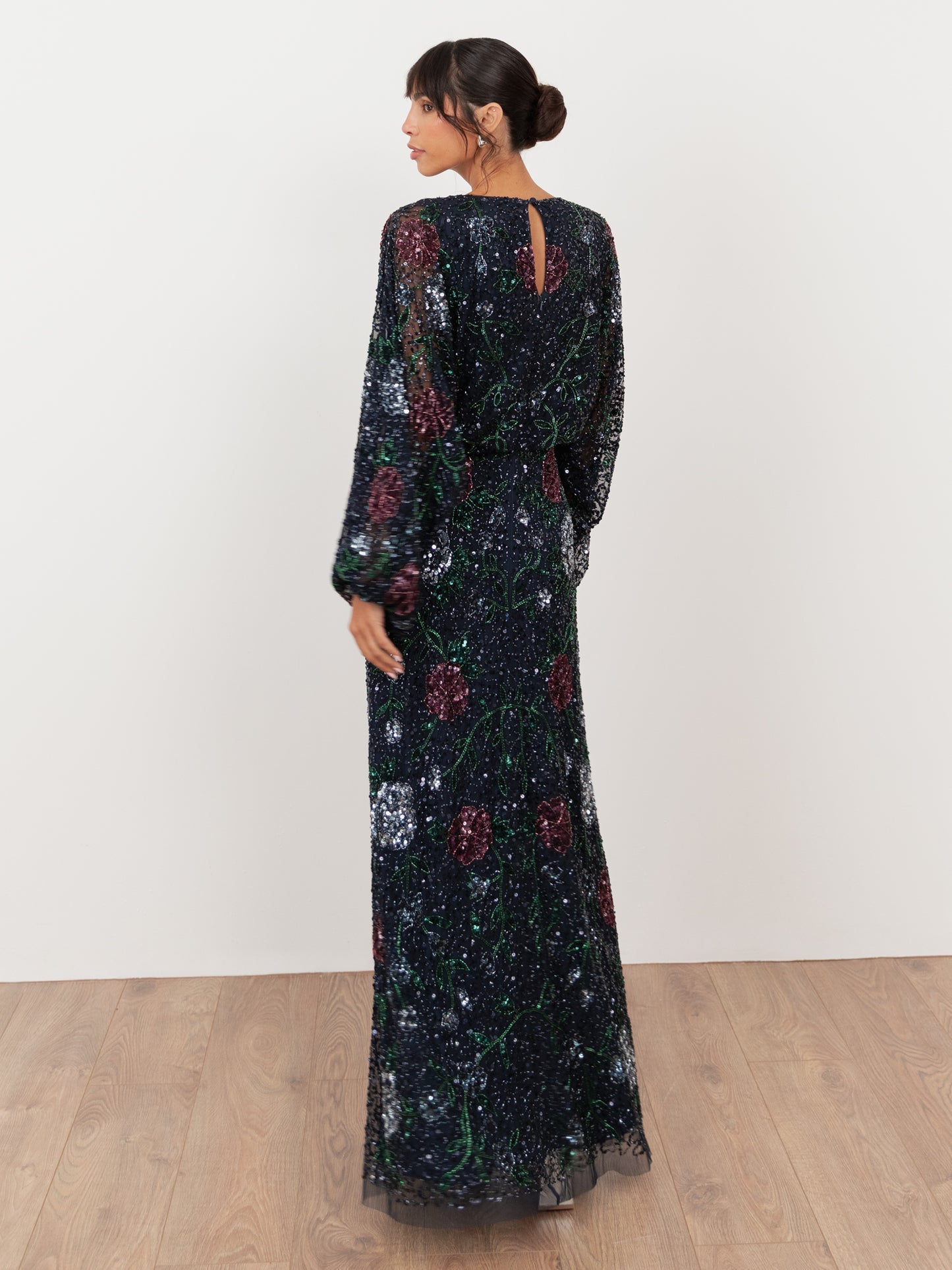 Maya Navy Fully Embellished Round Neck Long Blouson Sleeve Maxi Dress