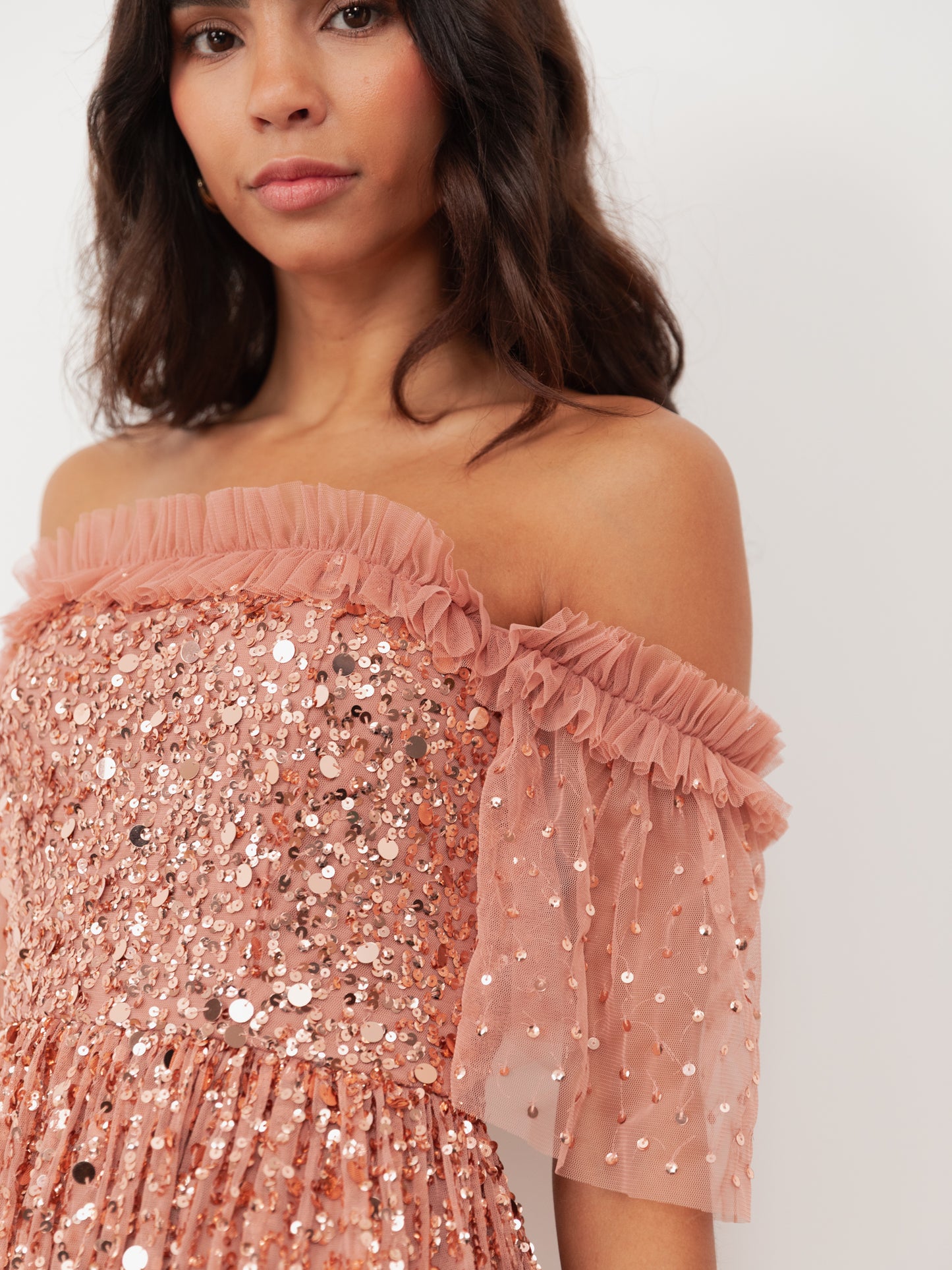 Maya Terracotta Pink Embellished Bardot Midaxi Dress