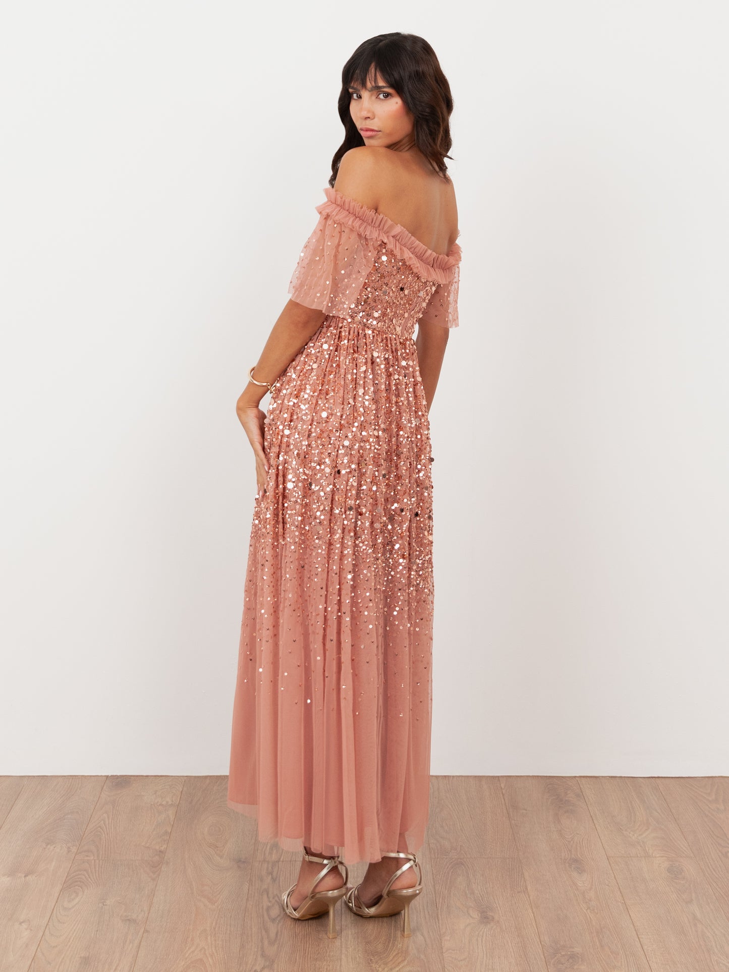 Maya Terracotta Pink Embellished Bardot Midaxi Dress
