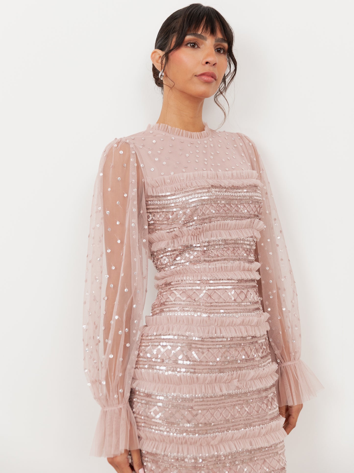 Maya Frosted Pink Sequin & Frill Maxi Sleeve Tulle Maxi Dress