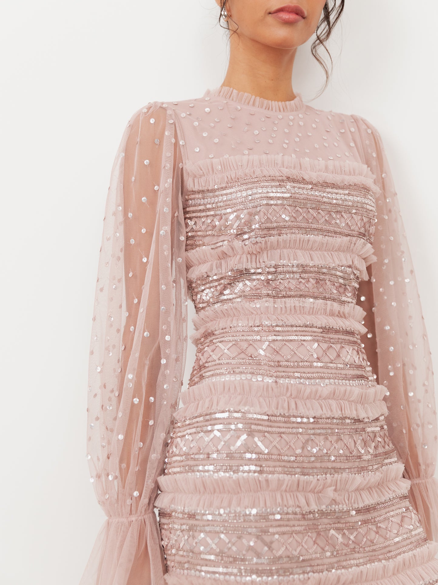 Maya Frosted Pink Sequin & Frill Maxi Sleeve Tulle Maxi Dress