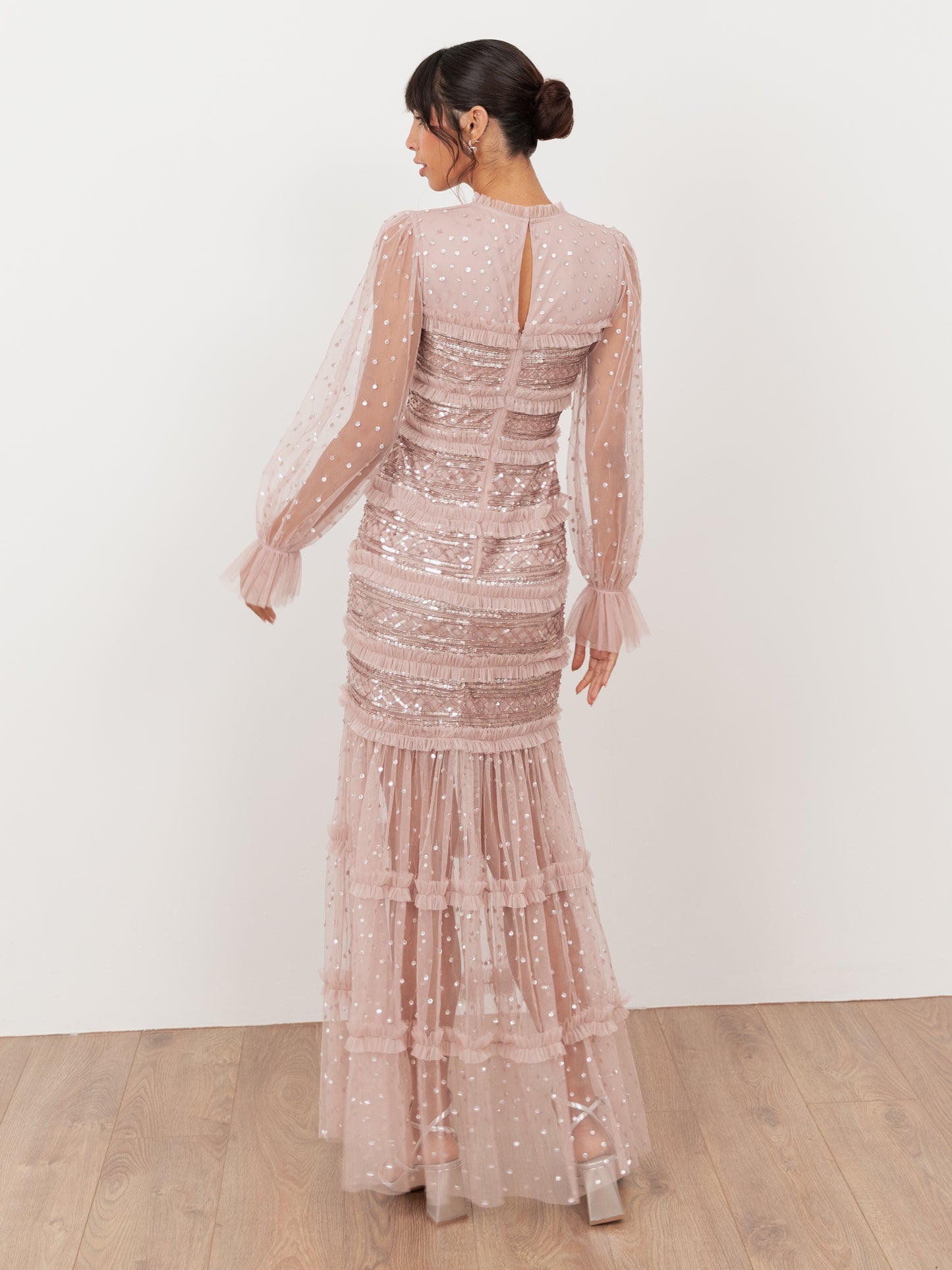 Maya Frosted Pink Sequin & Frill Maxi Sleeve Tulle Maxi Dress