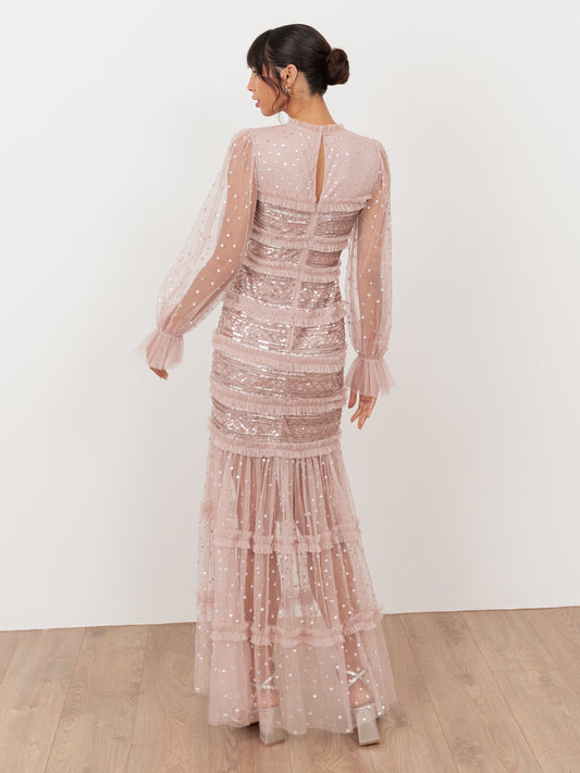Maya Frosted Pink Sequin & Frill Maxi Sleeve Tulle Maxi Dress