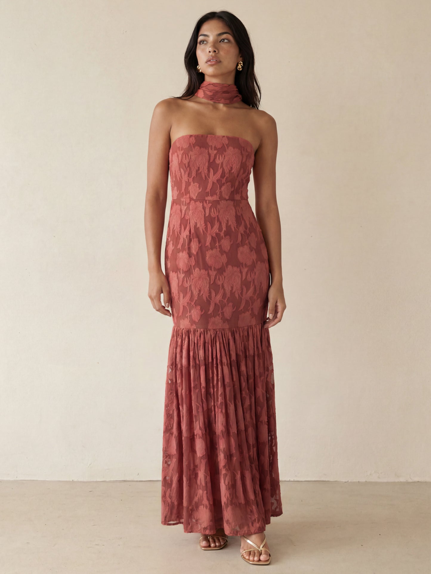 Anaya With Love Recycled Floral Burnout Bandeau Maxi Dress with Scarf
