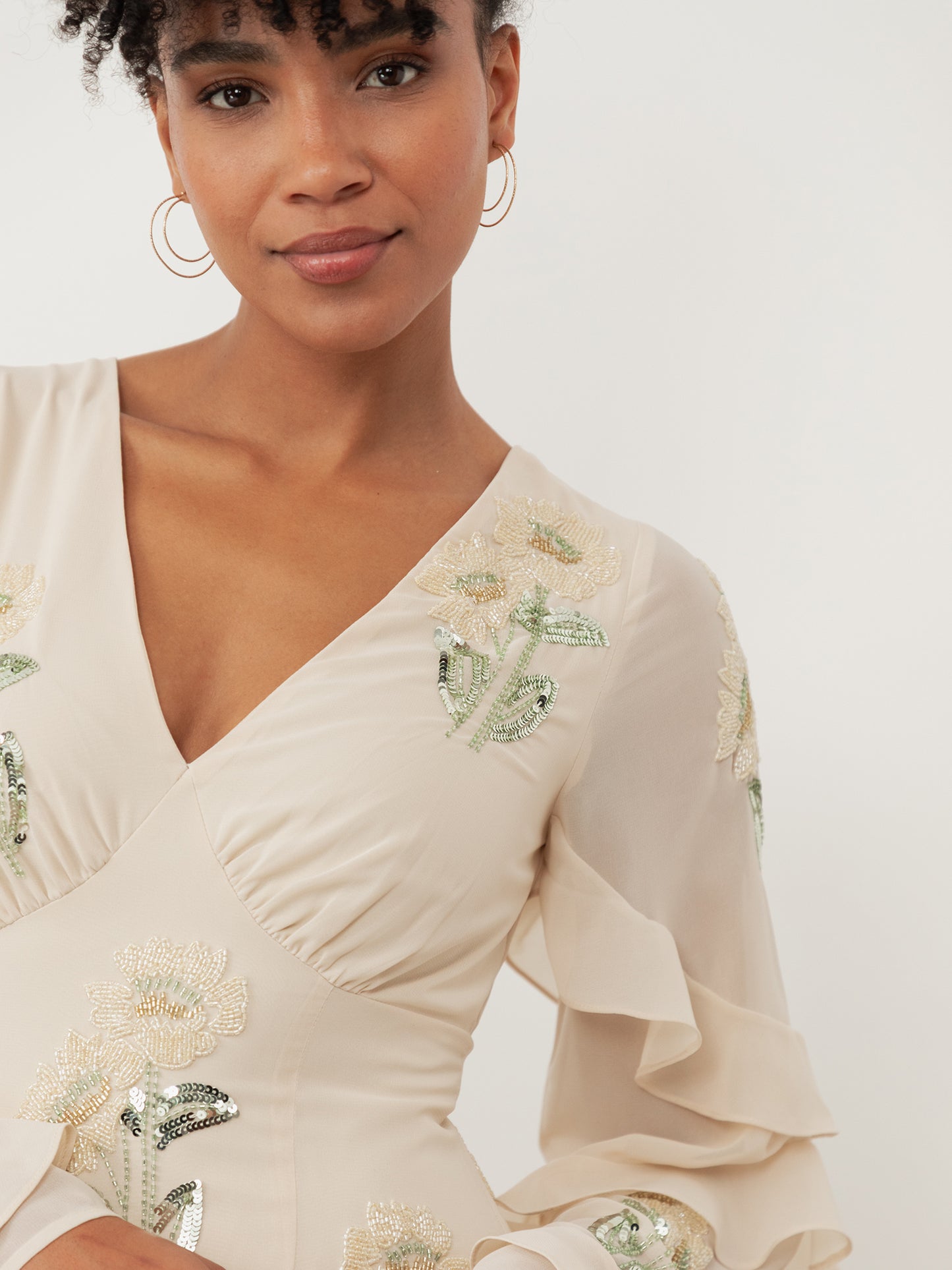 Maya Vanilla Embellished Maxi Sleeve Ruffle Maxi Dress