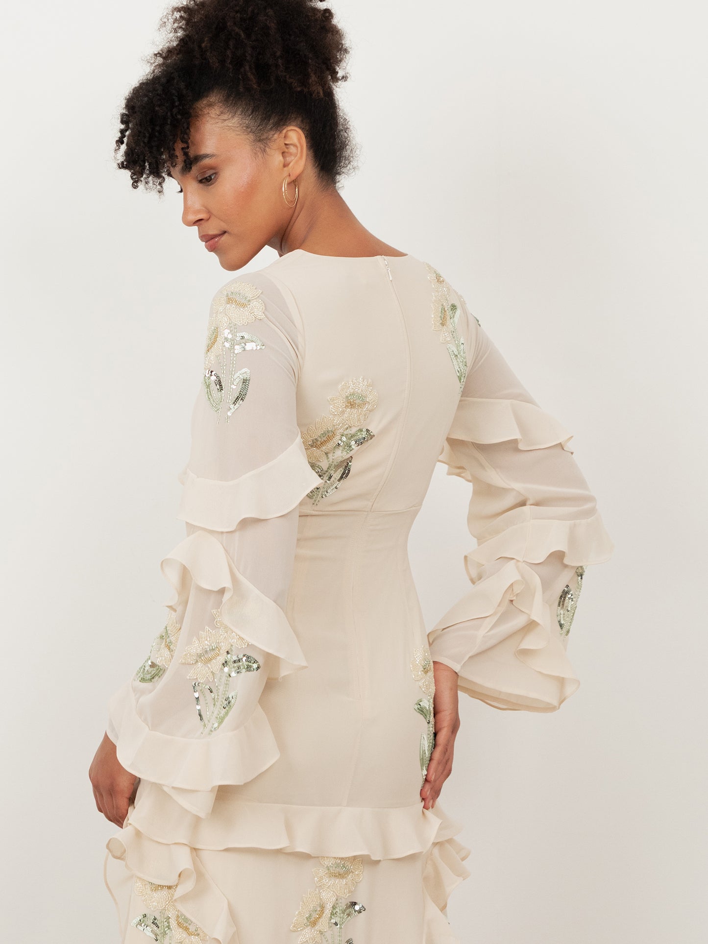 Maya Vanilla Embellished Maxi Sleeve Ruffle Maxi Dress