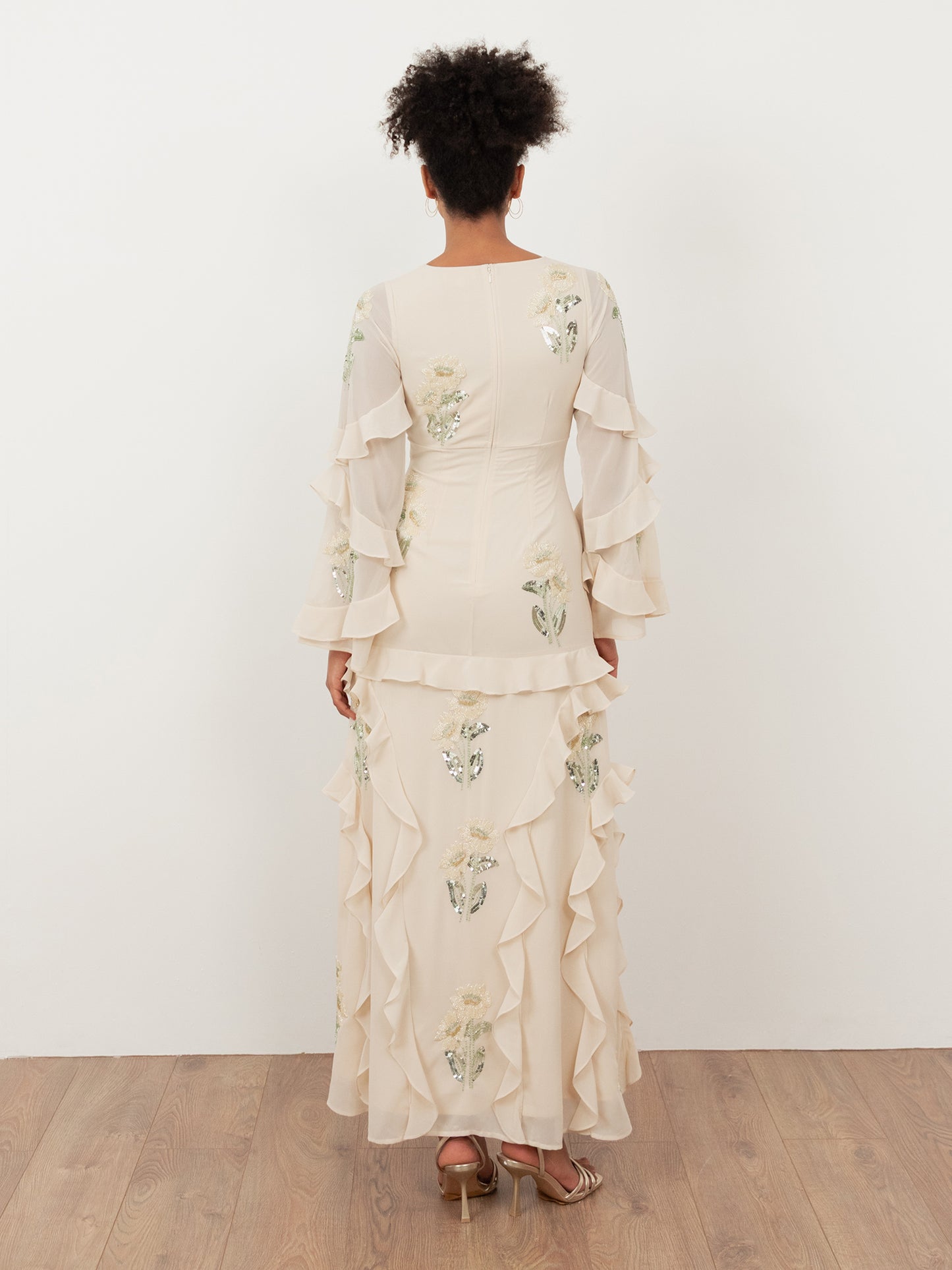 Maya Vanilla Embellished Maxi Sleeve Ruffle Maxi Dress