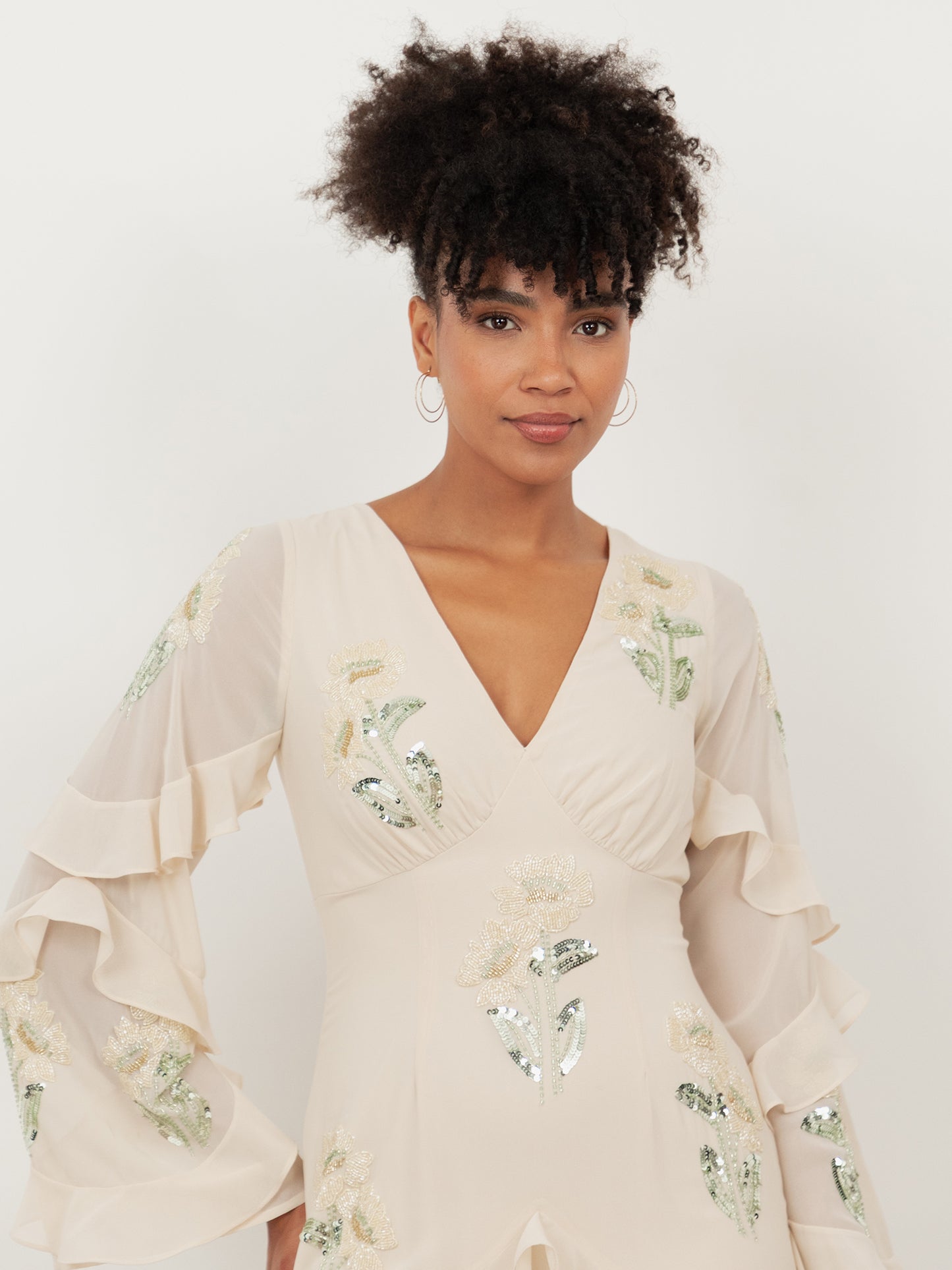 Maya Vanilla Embellished Maxi Sleeve Ruffle Maxi Dress