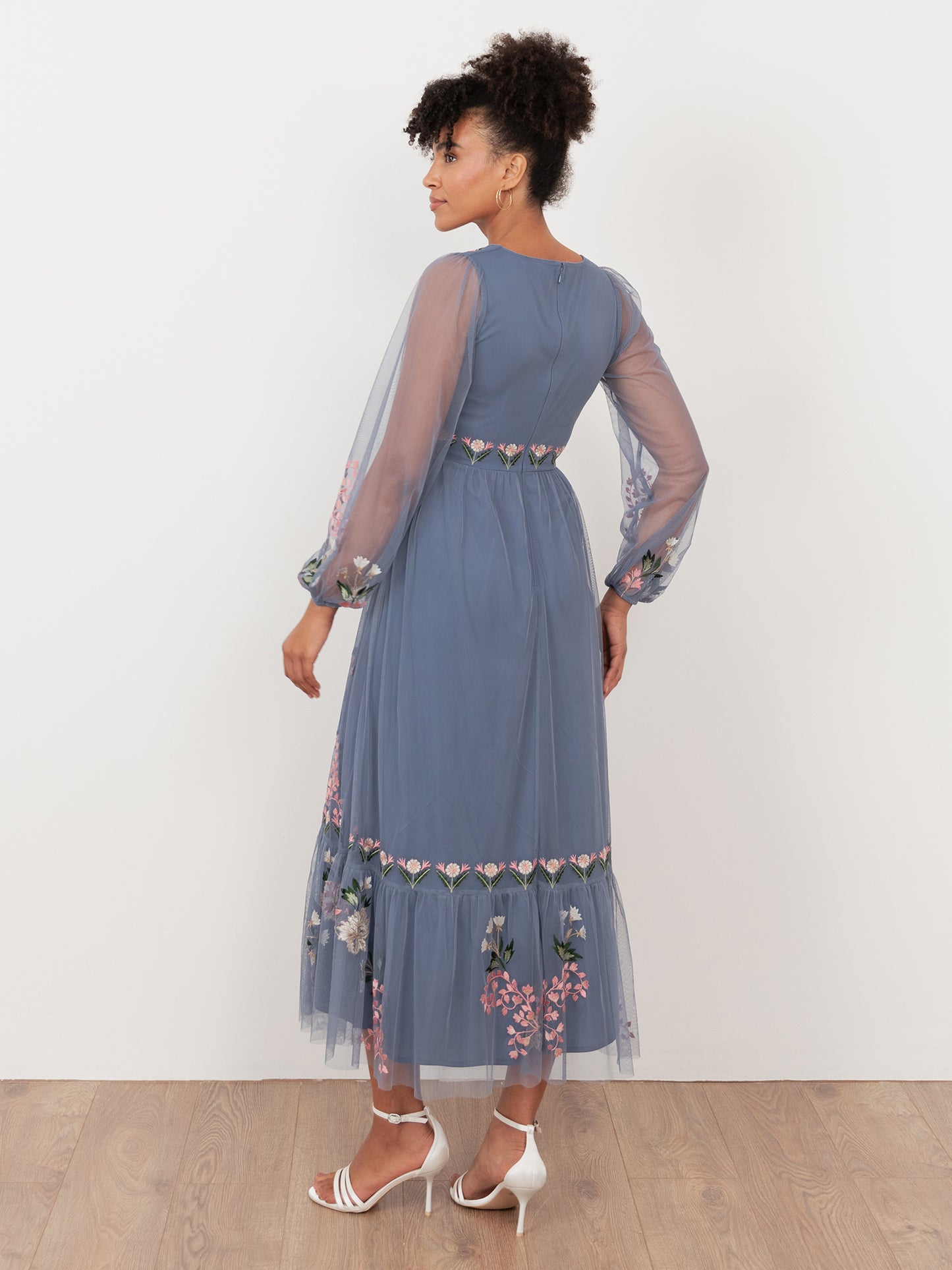 Maya Infinity Blue Embroidered Faux Wrap Maxi Sleeve Midaxi Dress