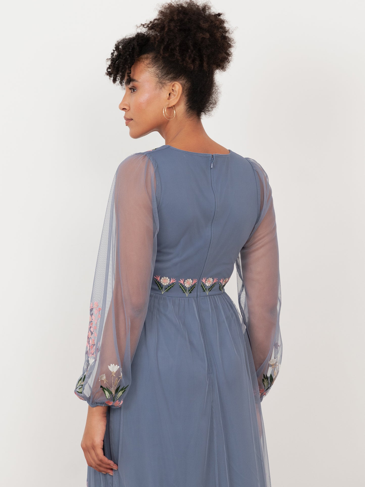 Maya Infinity Blue Embroidered Faux Wrap Maxi Sleeve Midaxi Dress