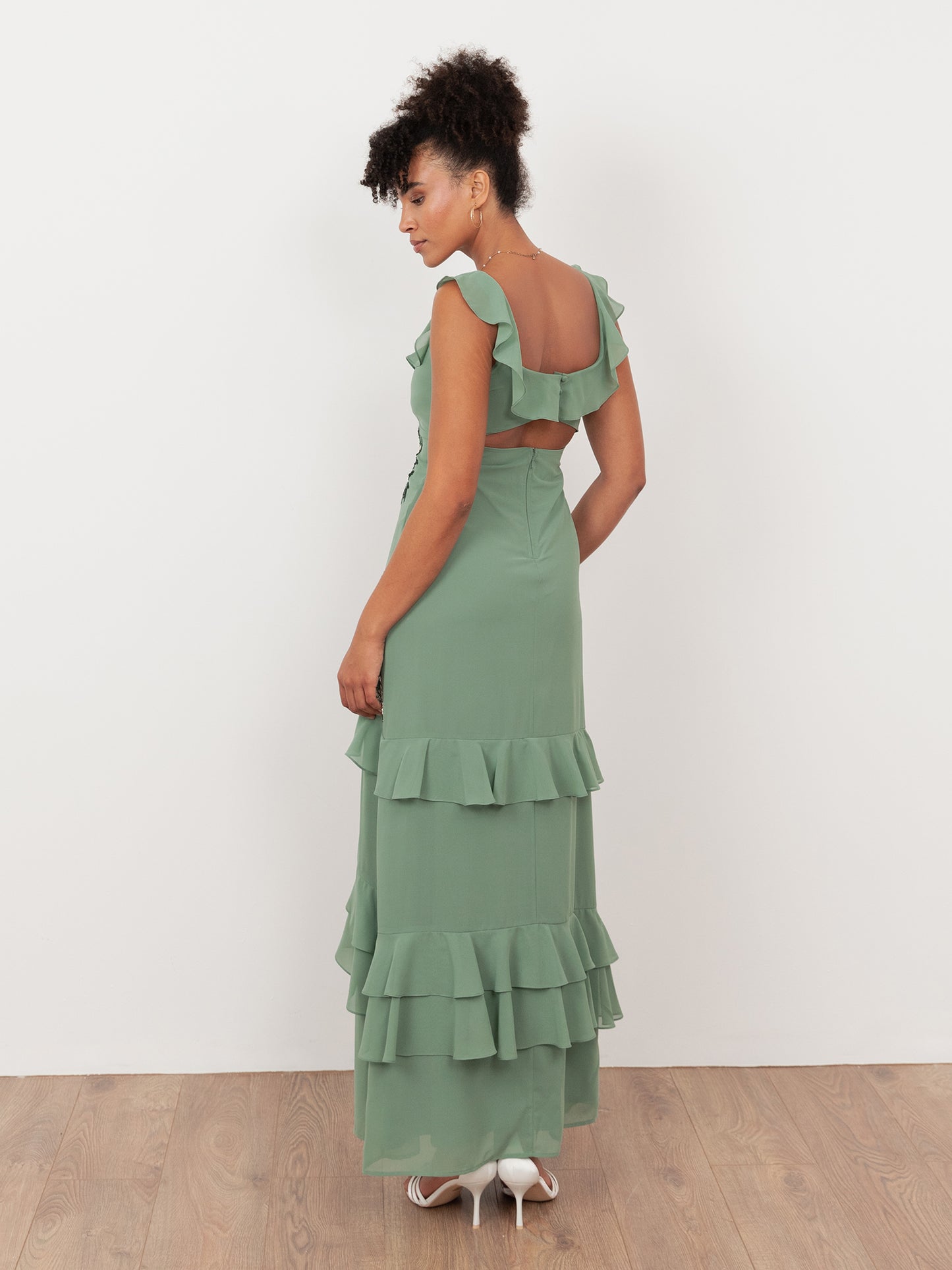 Maya Dark Sage Green Embellished Ruffled Maxi Dress with Keyhole Back