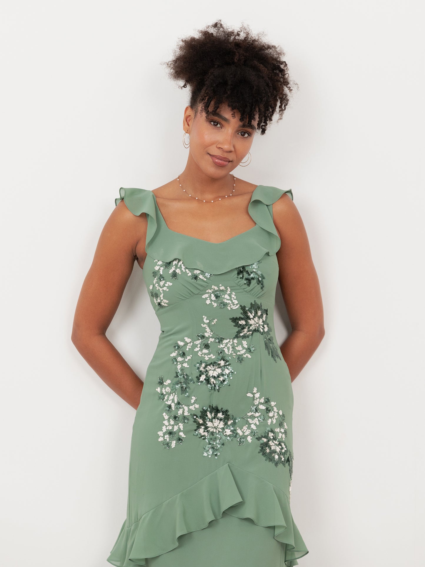 Maya Dark Sage Green Embellished Ruffled Maxi Dress with Keyhole Back