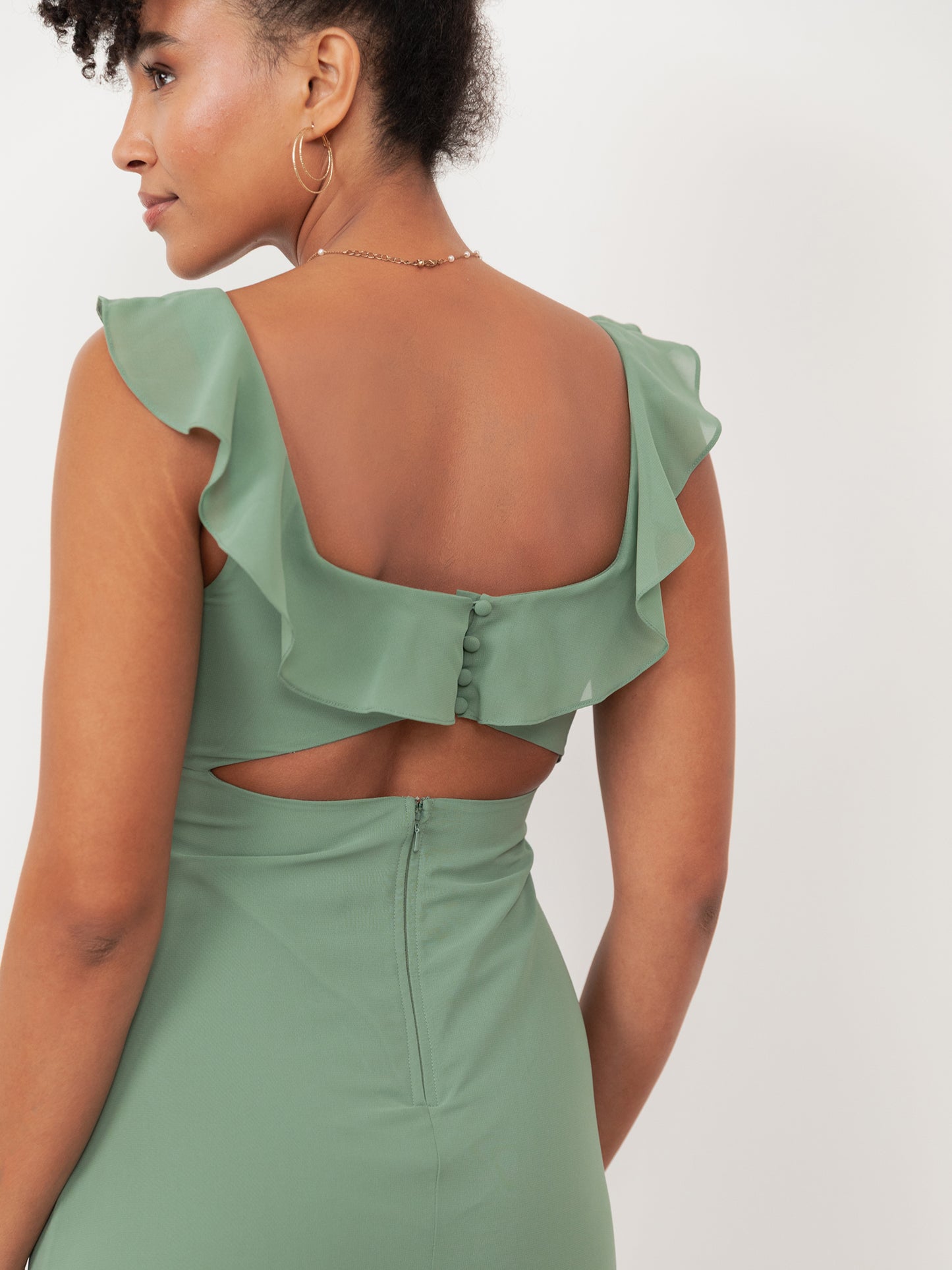 Maya Dark Sage Green Embellished Ruffled Maxi Dress with Keyhole Back