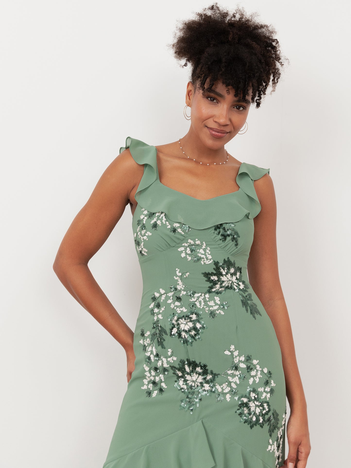 Maya Dark Sage Green Embellished Ruffled Maxi Dress with Keyhole Back