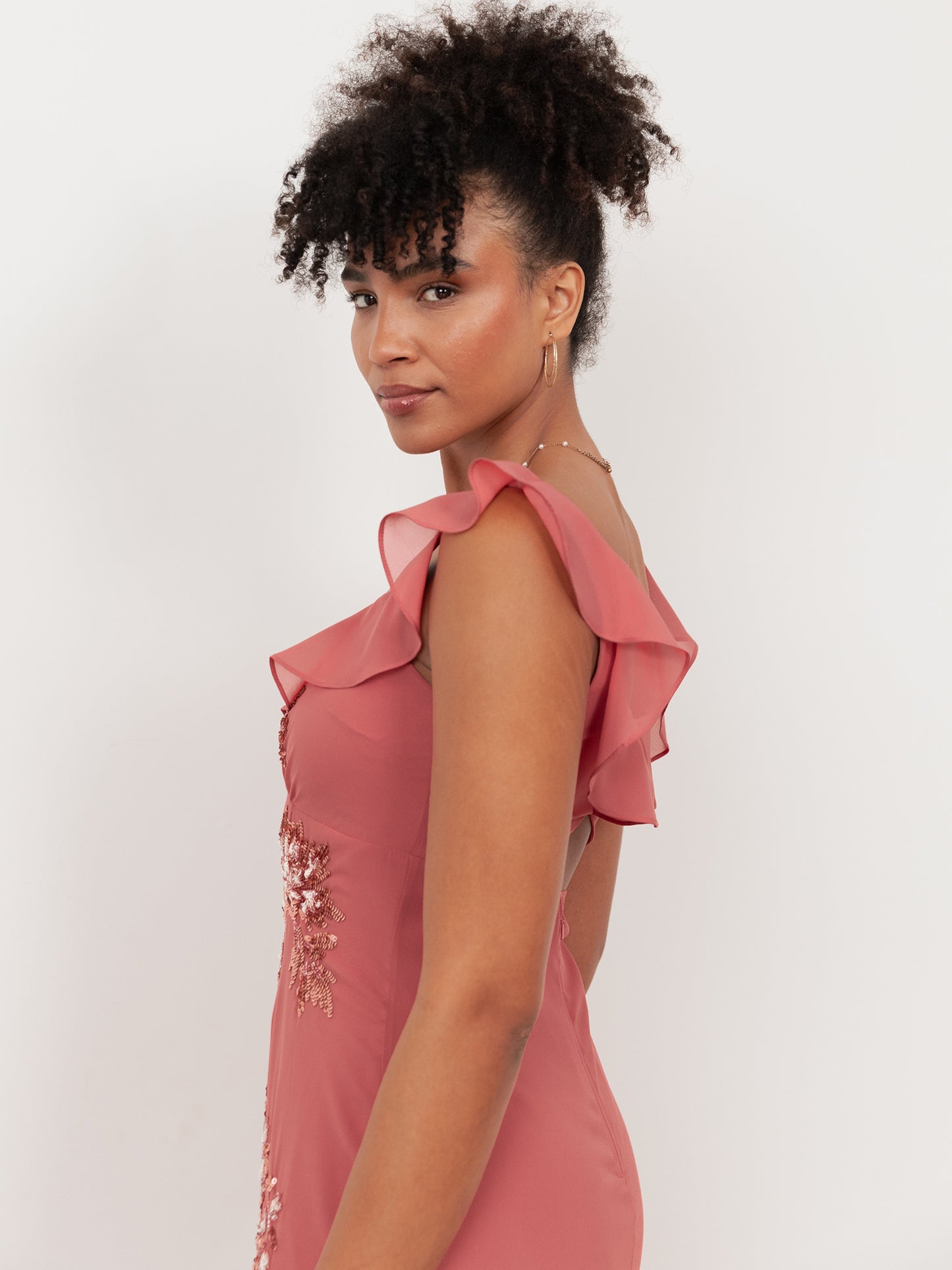 Maya Mid Pink Embellished Ruffled Maxi Dress with Keyhole Back