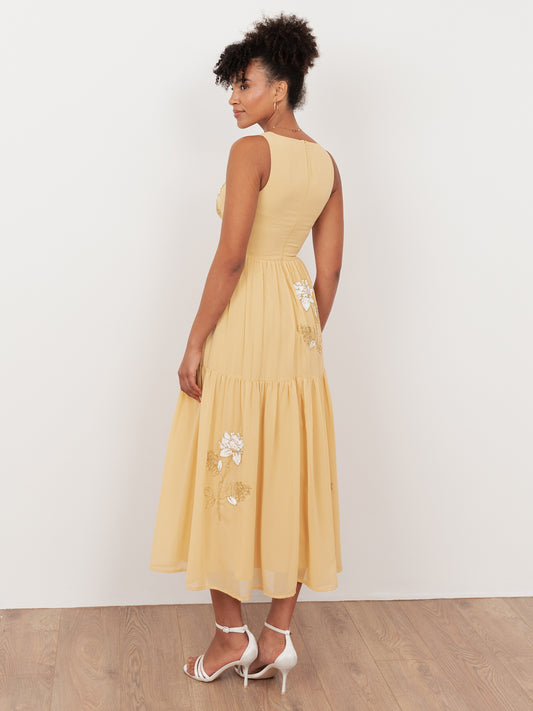 Maya Buttercream Floral Embellished V Neck Midaxi Dress with Split