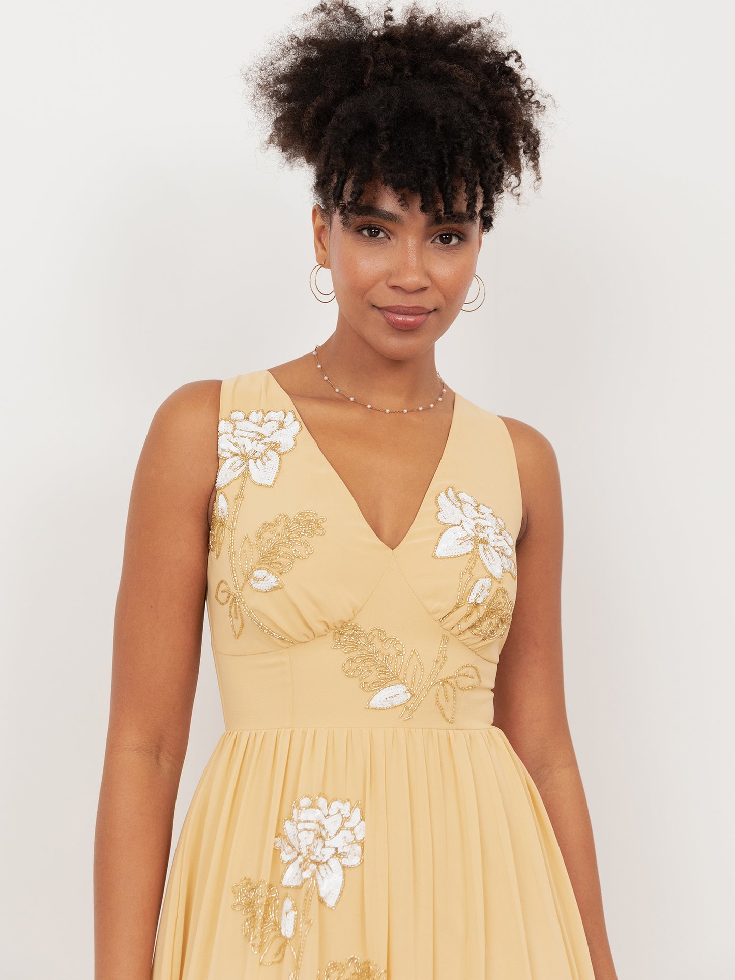 Maya Buttercream Floral Embellished V Neck Midaxi Dress with Split