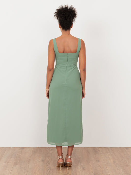 Maya Dark Sage Green Floral Embellished Square Neck Midaxi Dress with Split