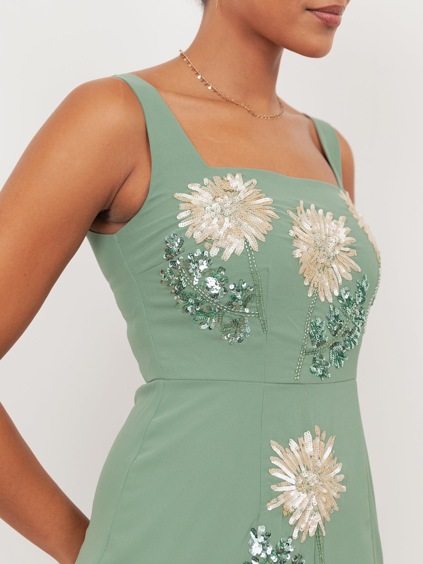 Maya Dark Sage Green Floral Embellished Square Neck Midaxi Dress with Split