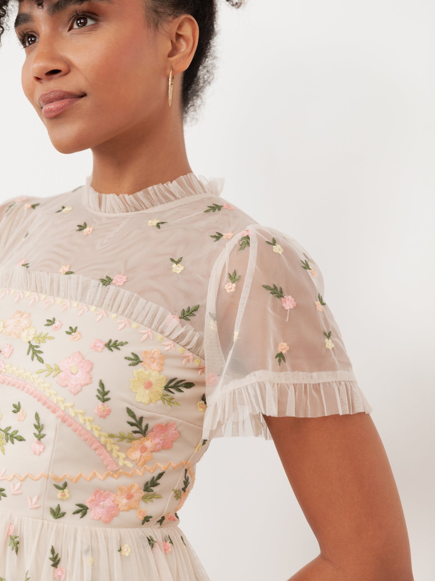 Maya Embroidered Short Sleeve High Neck Mini Dress