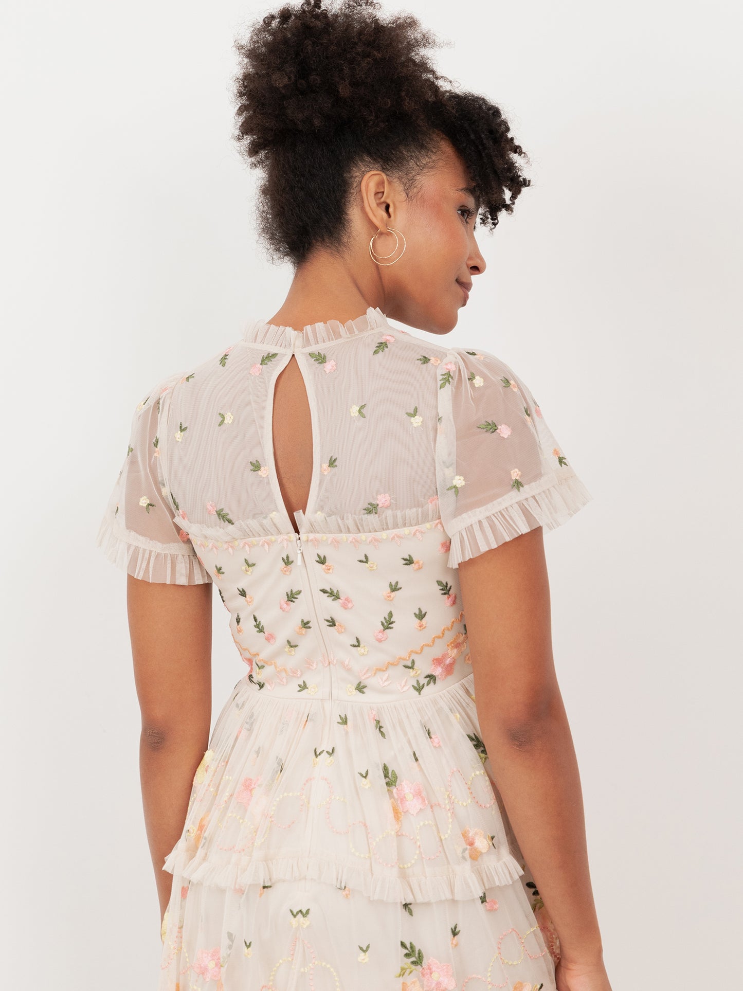 Maya Embroidered Short Sleeve High Neck Mini Dress