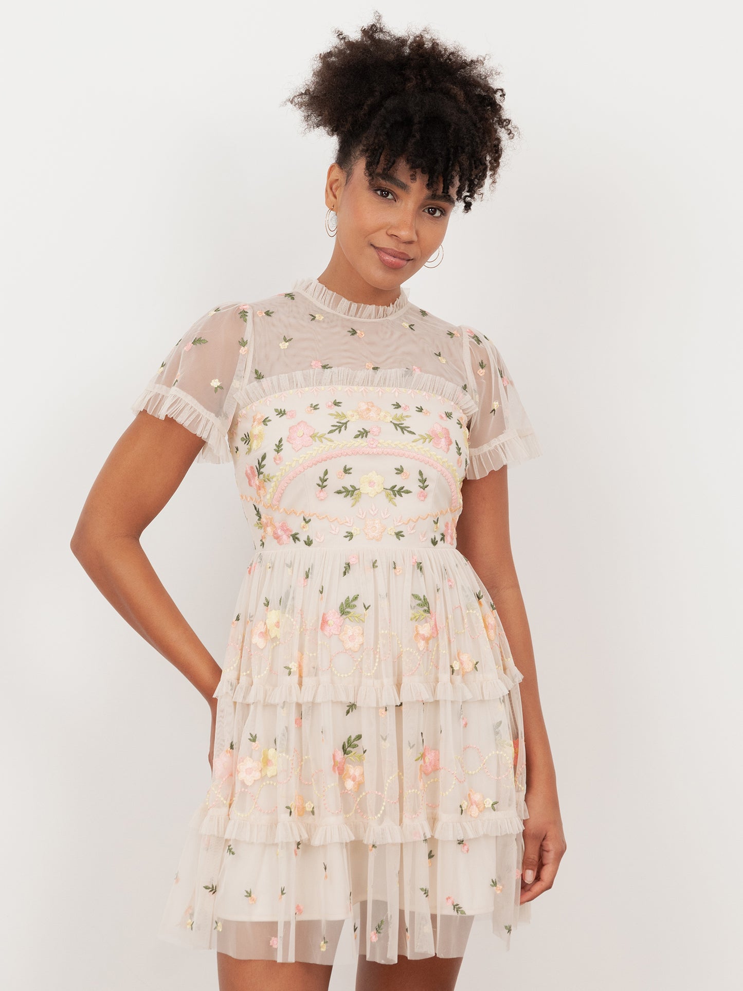 Maya Embroidered Short Sleeve High Neck Mini Dress
