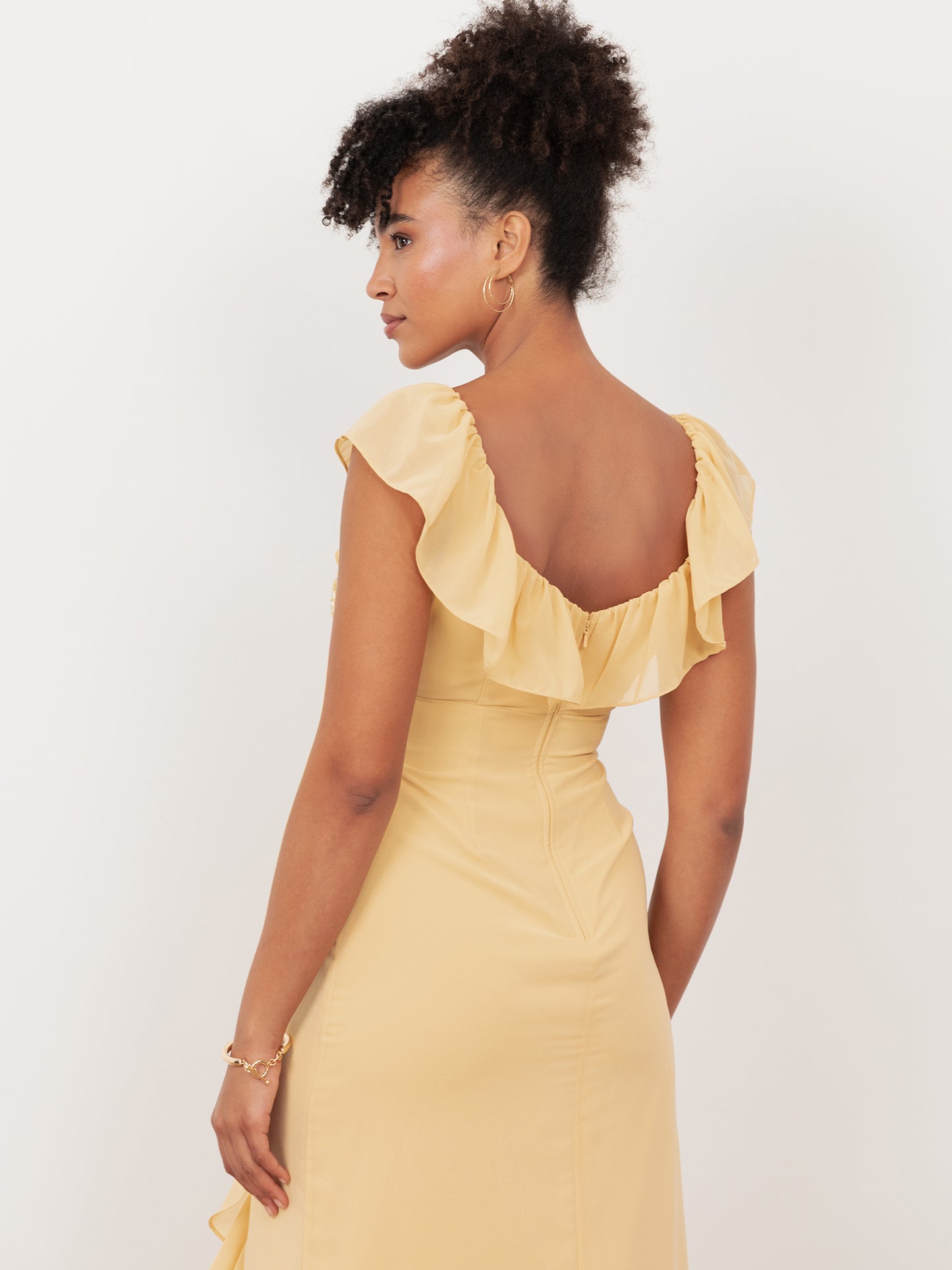 Maya Buttercream Embellished V Neck Ruffle Maxi Dress with Split