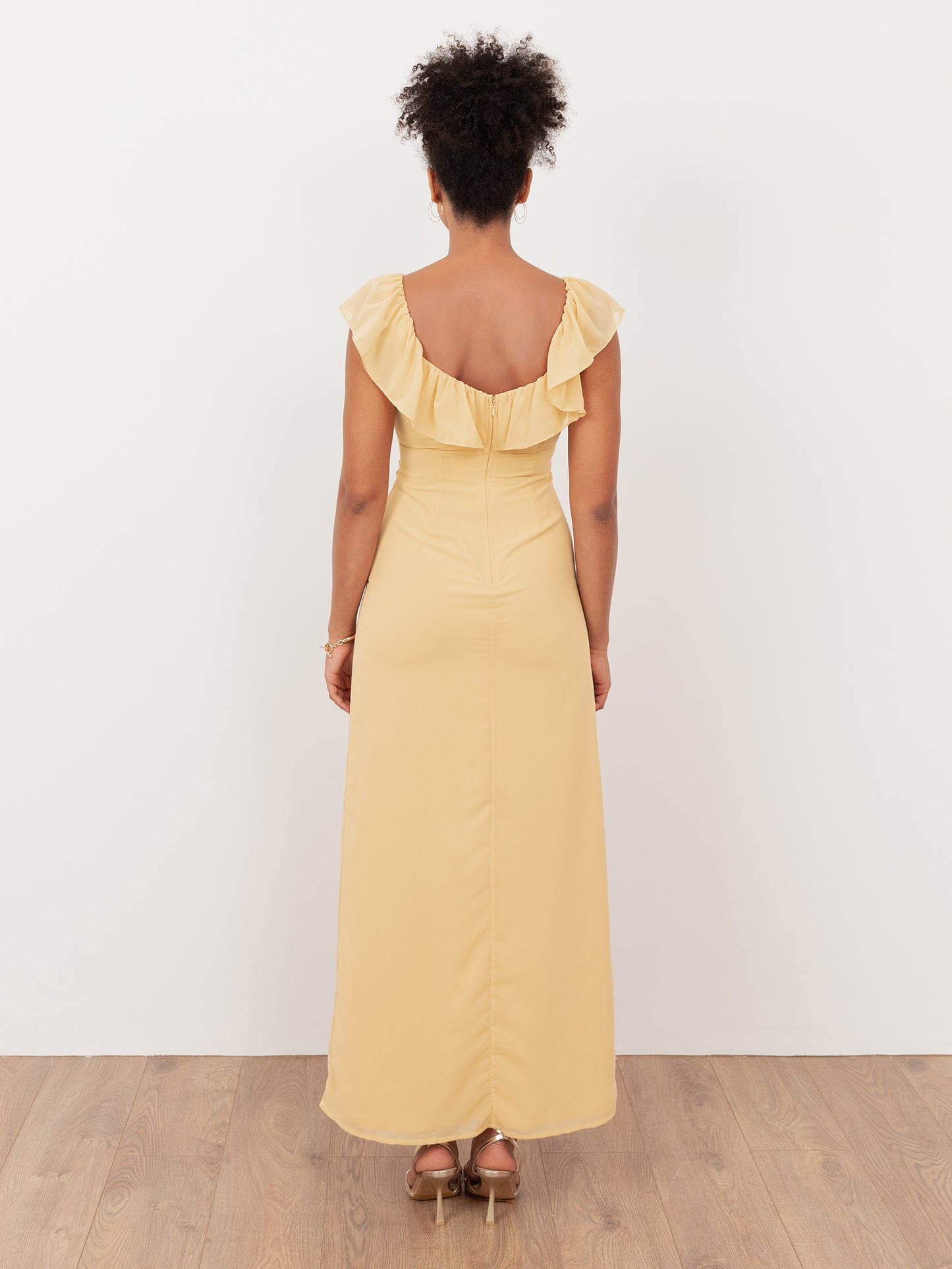 Maya Buttercream Embellished V Neck Ruffle Maxi Dress with Split