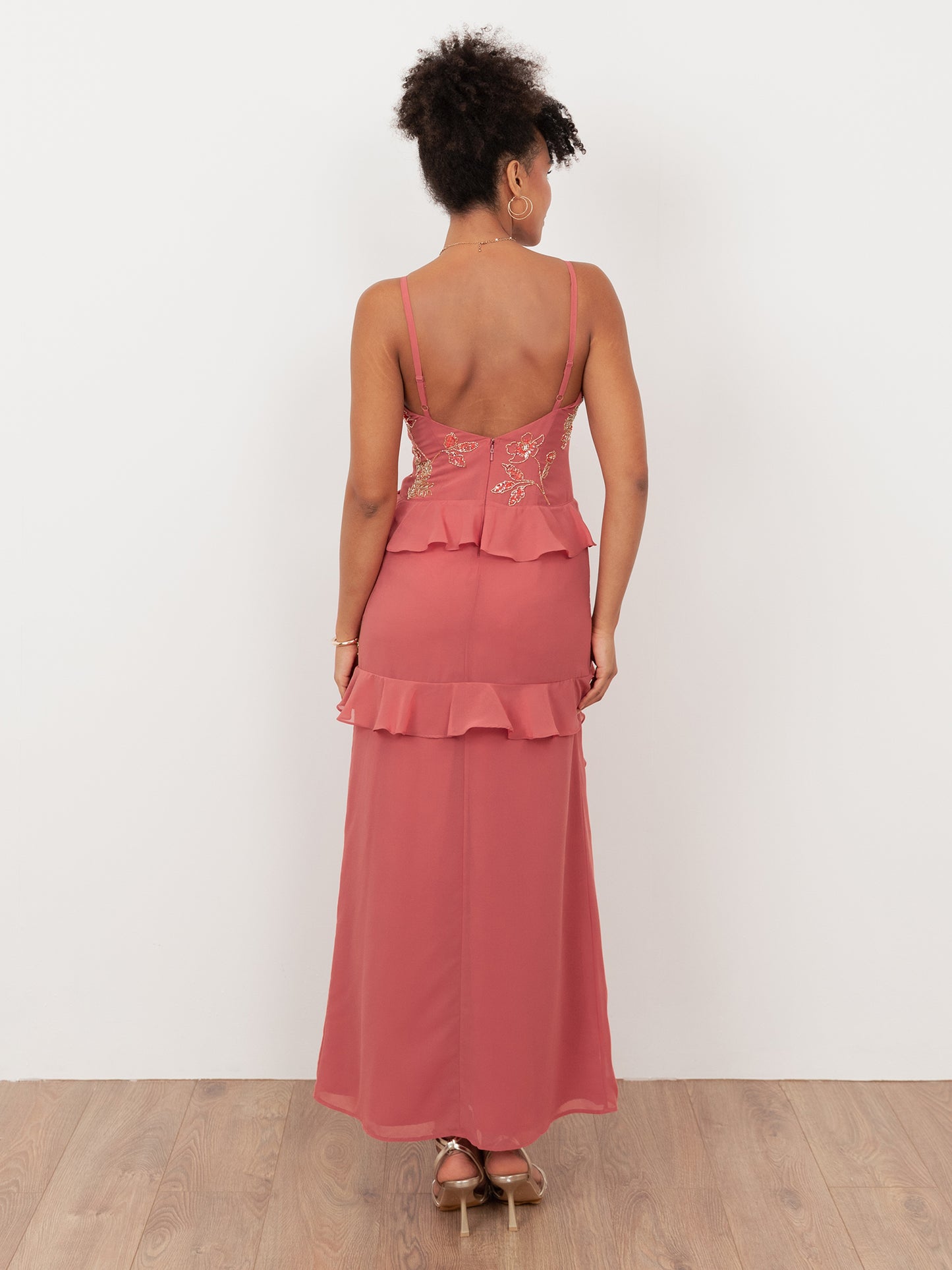 Maya Pink Embellished Cami Maxi Dress with Waterfall Ruffle