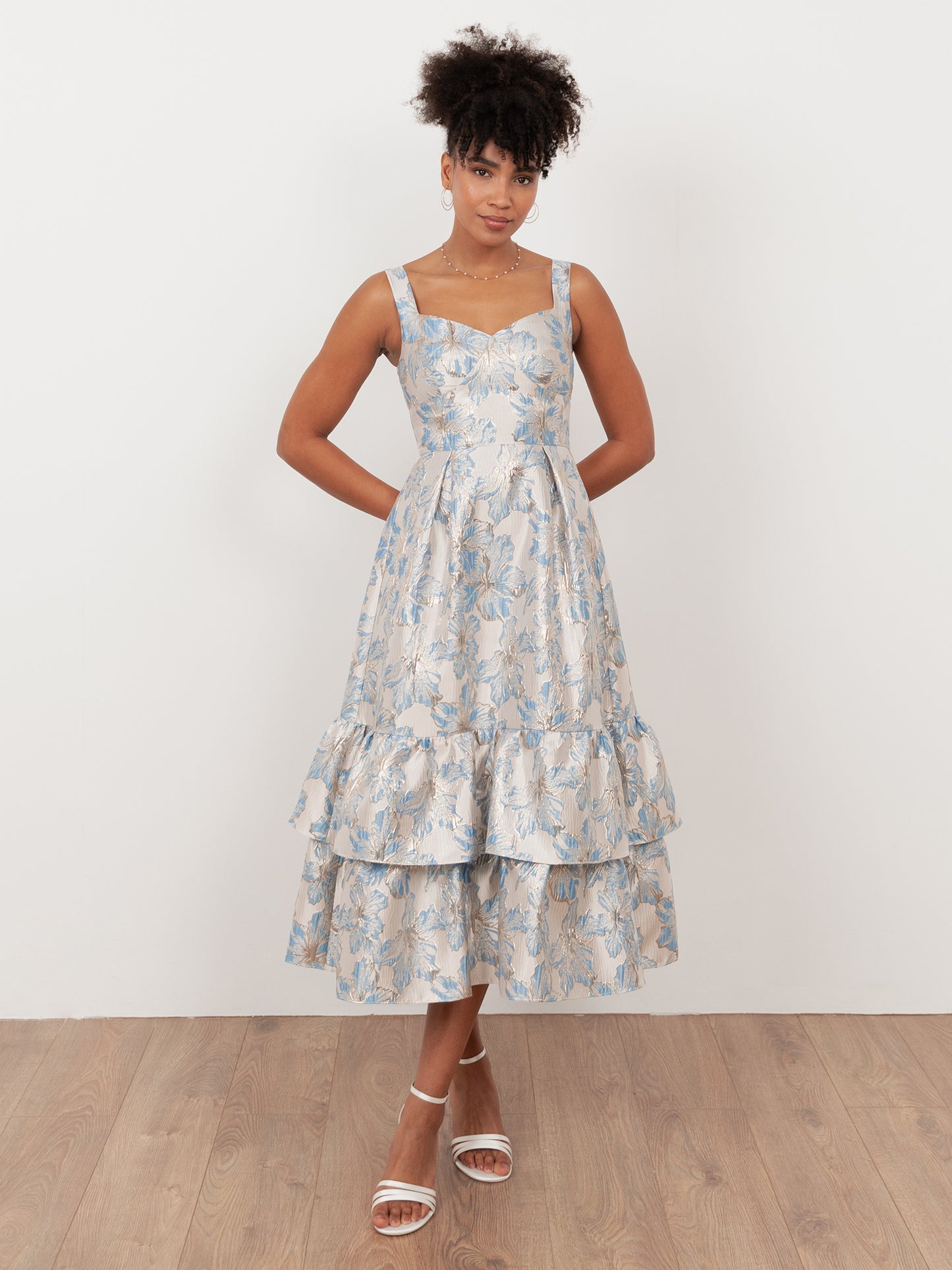 Maya Blue Floral Jacquard Strappy Midi Dress