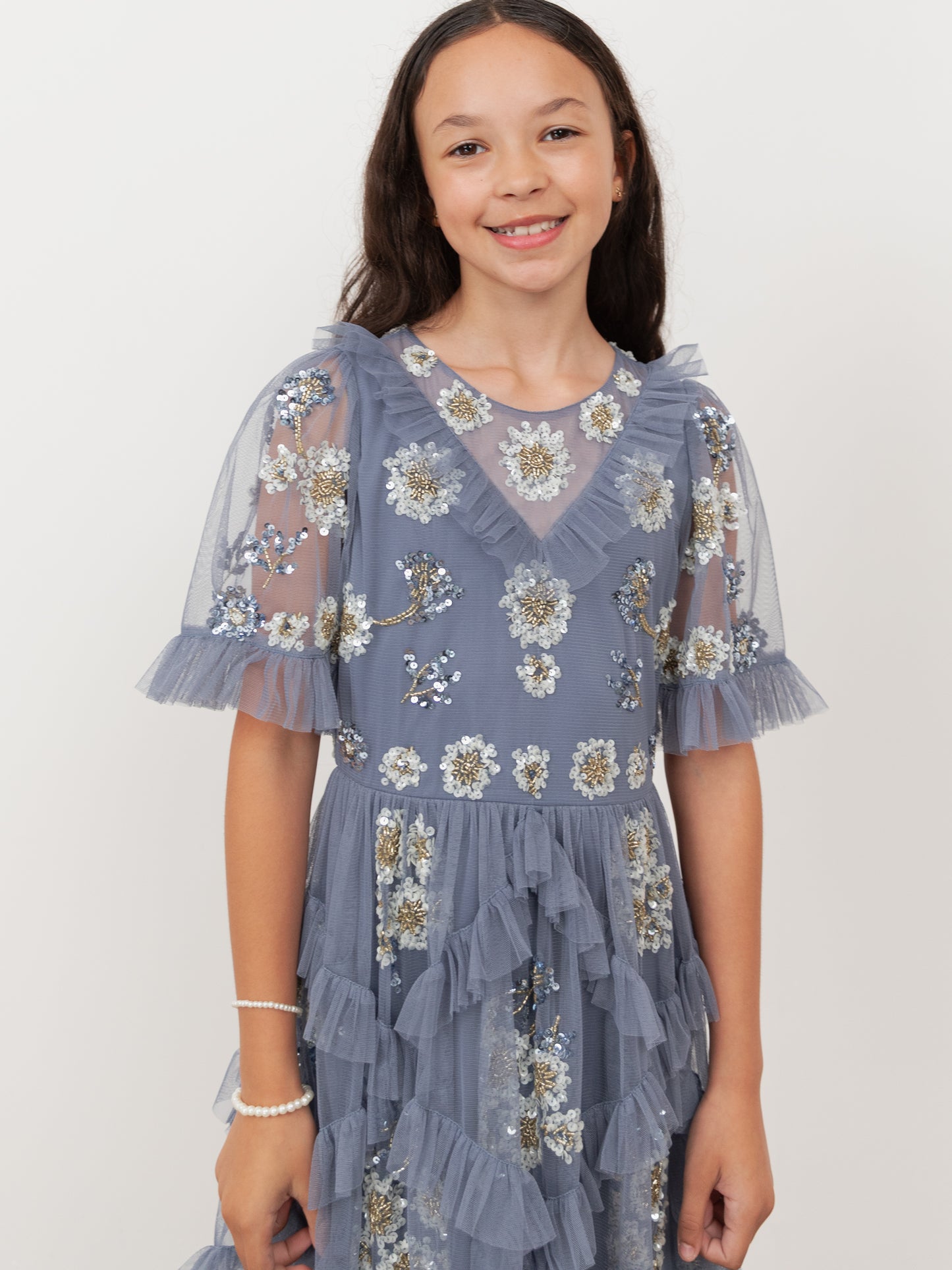 Mini Maya Infinity Blue Embellished Ruffle Midi Dress