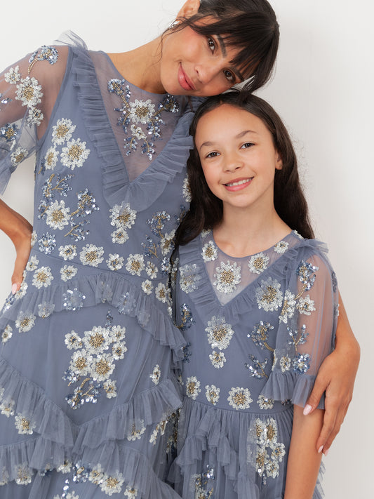 Mini Maya Infinity Blue Embellished Ruffle Midi Dress