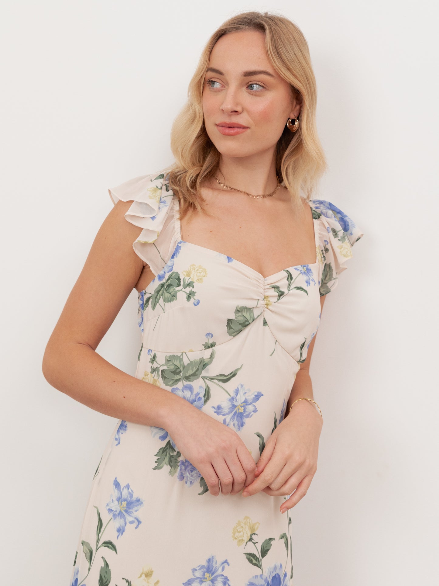 Anaya With Love Recycled Floral Flutter Sleeve Asymmetric Ruffle Maxi Dress