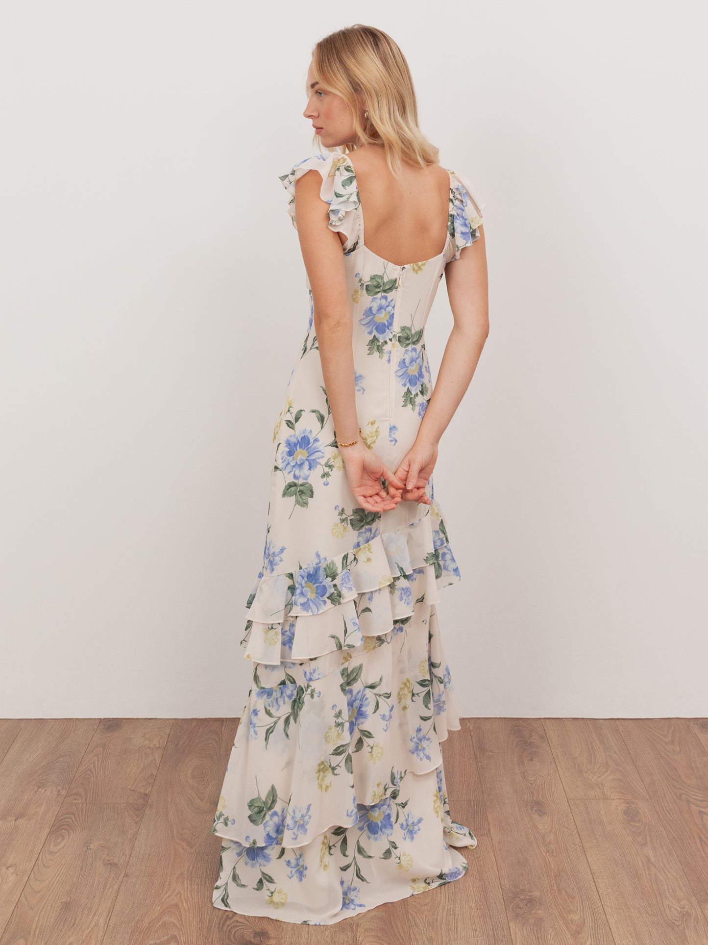 Anaya With Love Recycled Floral Flutter Sleeve Asymmetric Ruffle Maxi Dress