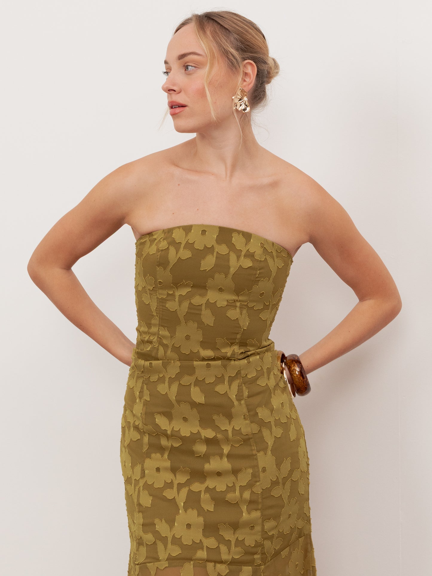 Anaya With Love Recycled Golden Olive Floral Burnout Bandeau Maxi Dress