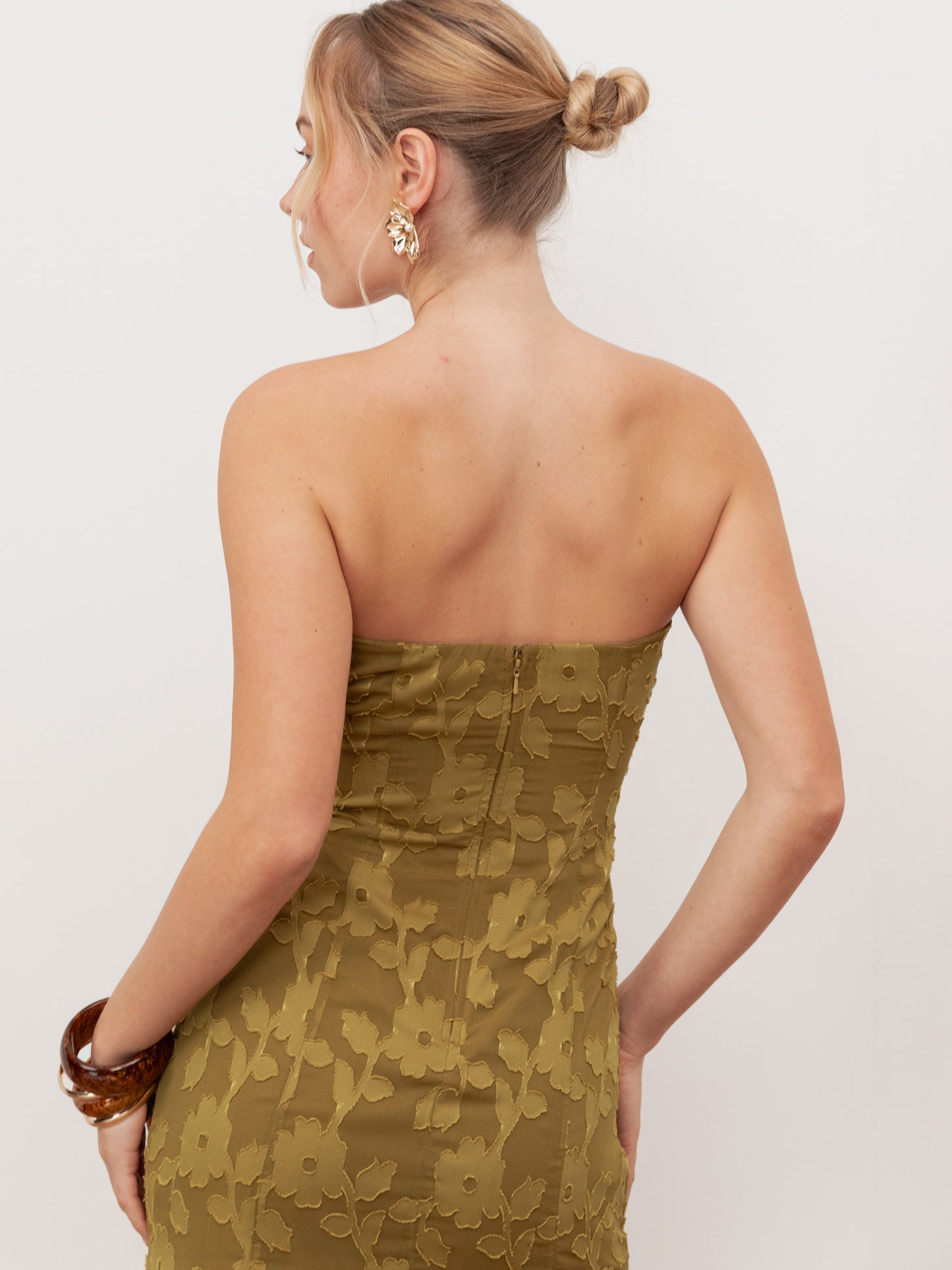 Anaya With Love Recycled Golden Olive Floral Burnout Bandeau Maxi Dress