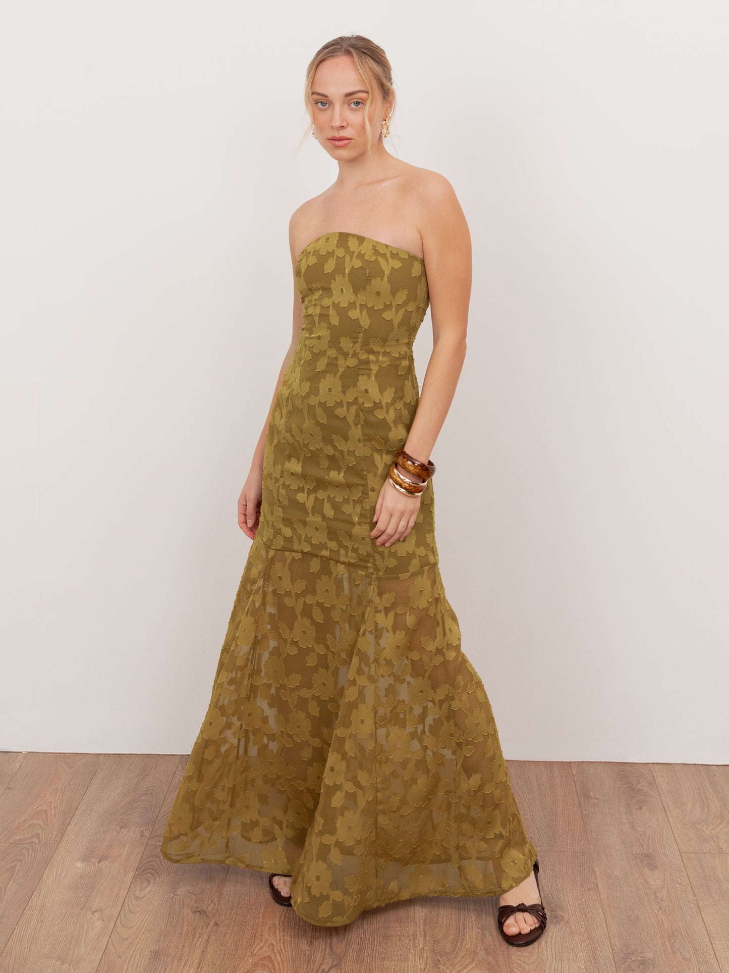 Anaya With Love Recycled Golden Olive Floral Burnout Bandeau Maxi Dress